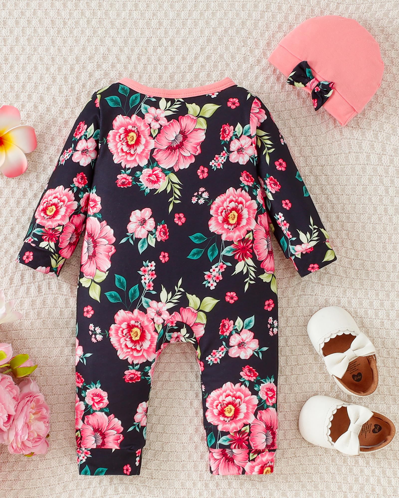 Mioglrie Newborn Baby Girl Clothes - Soft Long Sleeve Romper Jumpsuit with Floral Hat for Infants | Fall Winter Outfits for Preemie Girls | Perfect for Photoshoots, Family Gatherings & Daily Wear