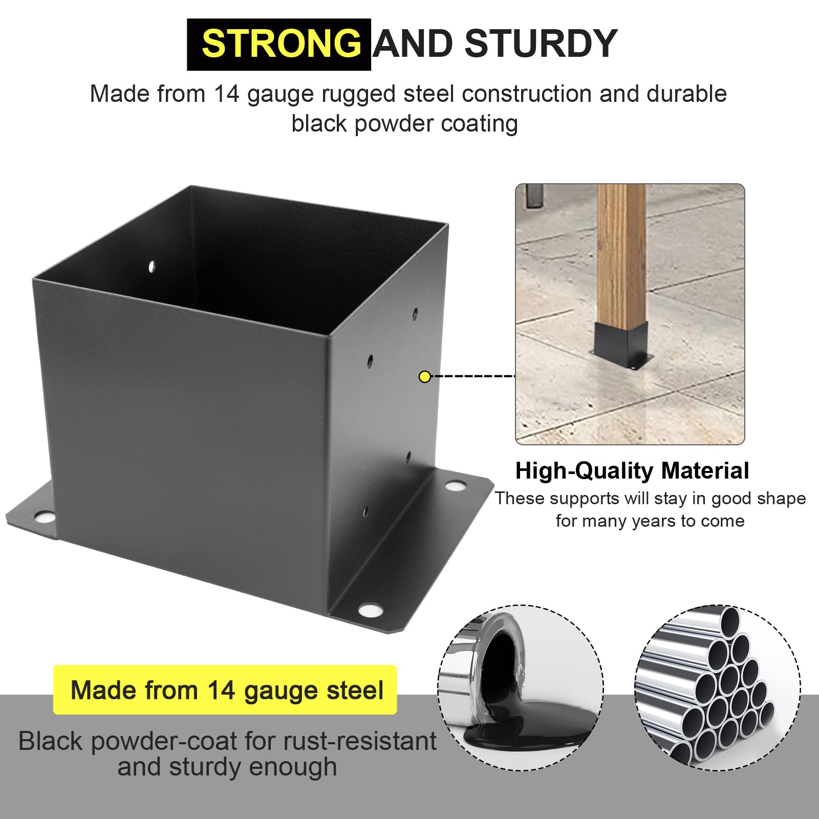 6X6 Heavy Duty Metal Post Base Bracket - 10PCS Black Powder Coated Deck Support with 5.6