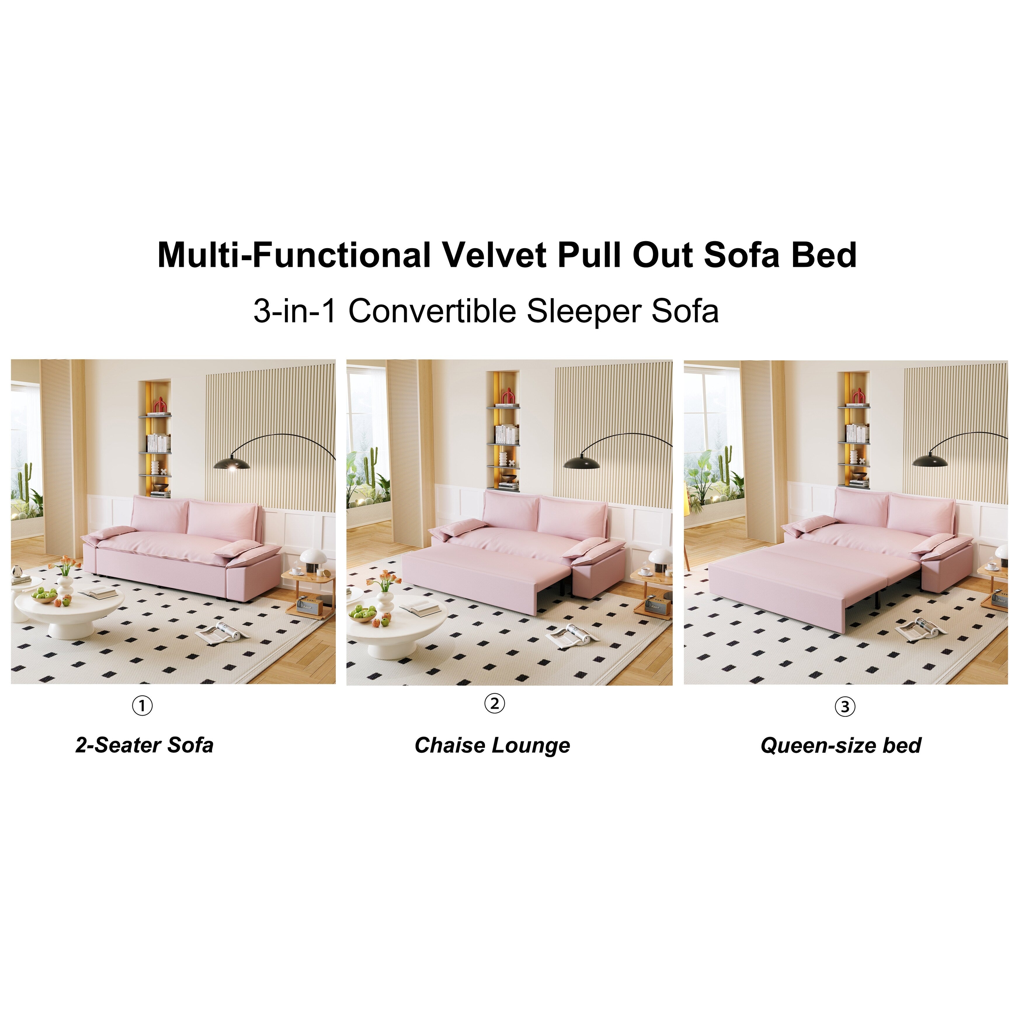 3 in 1 Convertible Sleeper Sofa Bed - Queen Size Pull Out Couch with Velvet Upholstery & Pillows - Space Saving Furniture for Small Apartments, Guest Rooms & Home Offices