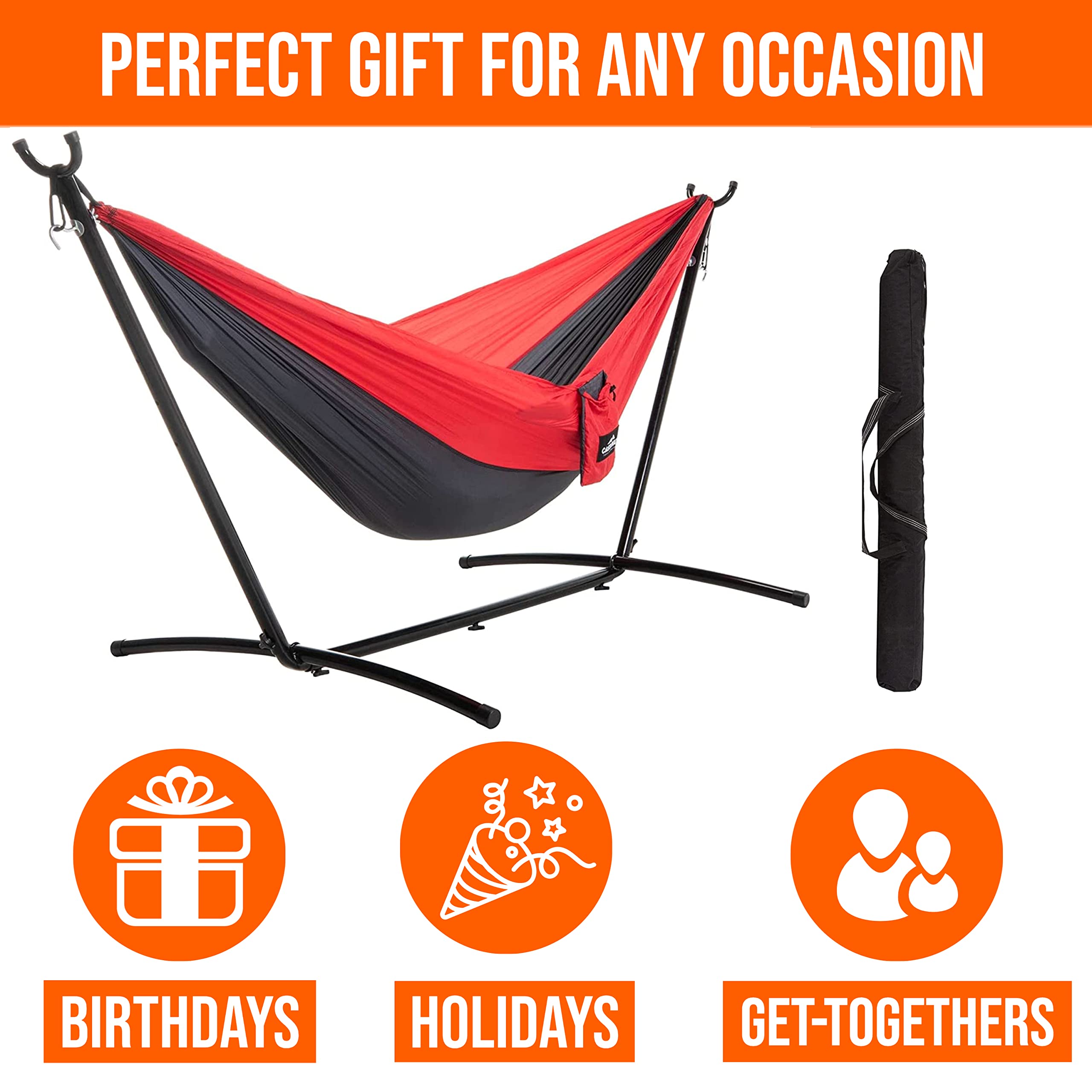 Castaway Living Portable Camping Hammock with Space-Saving Stand & Carry Bag - 400 LB Capacity (Red/Charcoal) - Perfect for Backpacking, Beach Trips & Backyard Relaxation