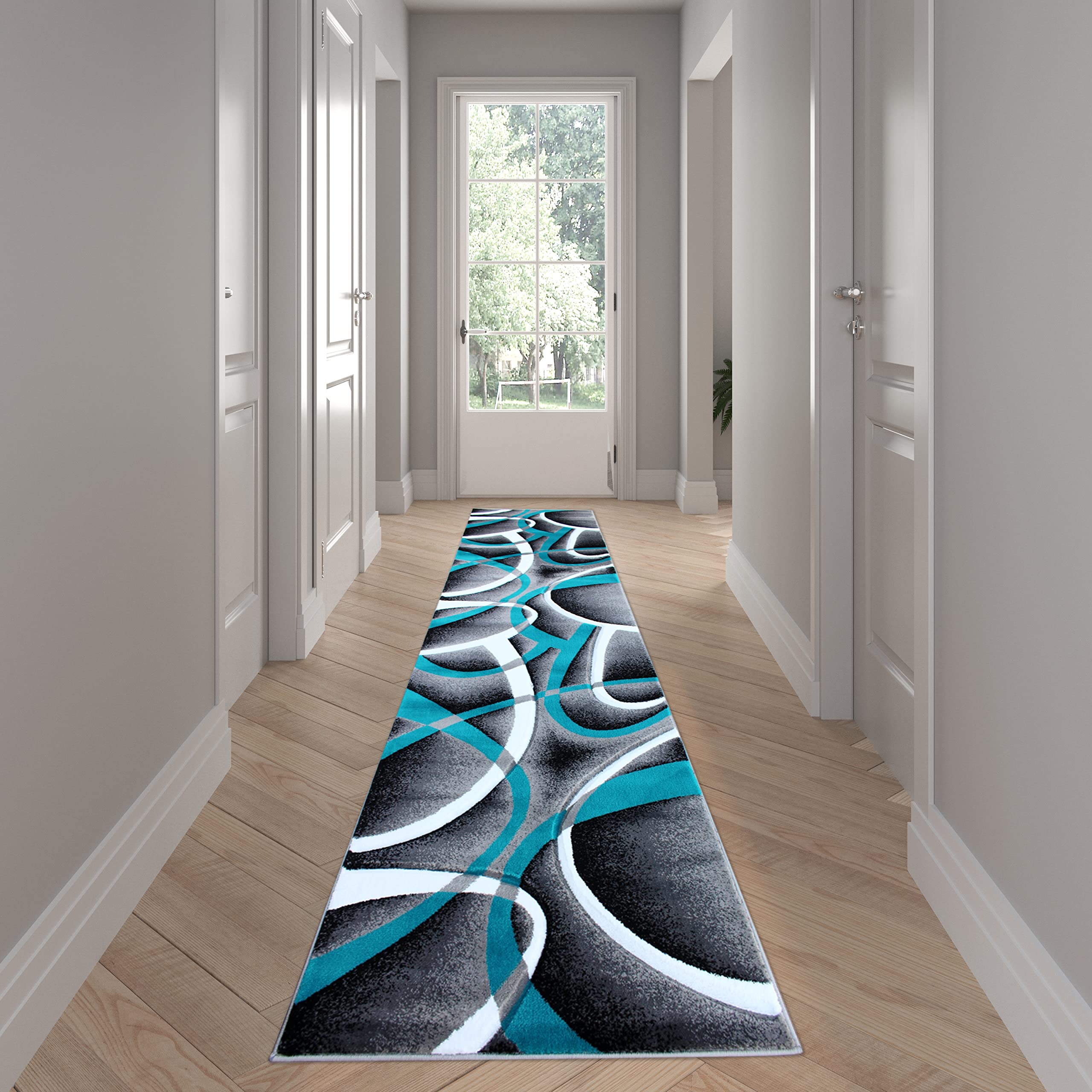 EMMA + OLIVER Cambre 3x10 Olefin Accent Rug - 3D Sculpted Intersecting Arch Design in Turquoise, Gray, Black & White with Jute Backing - Perfect for Living Room, Bedroom or Office Decor