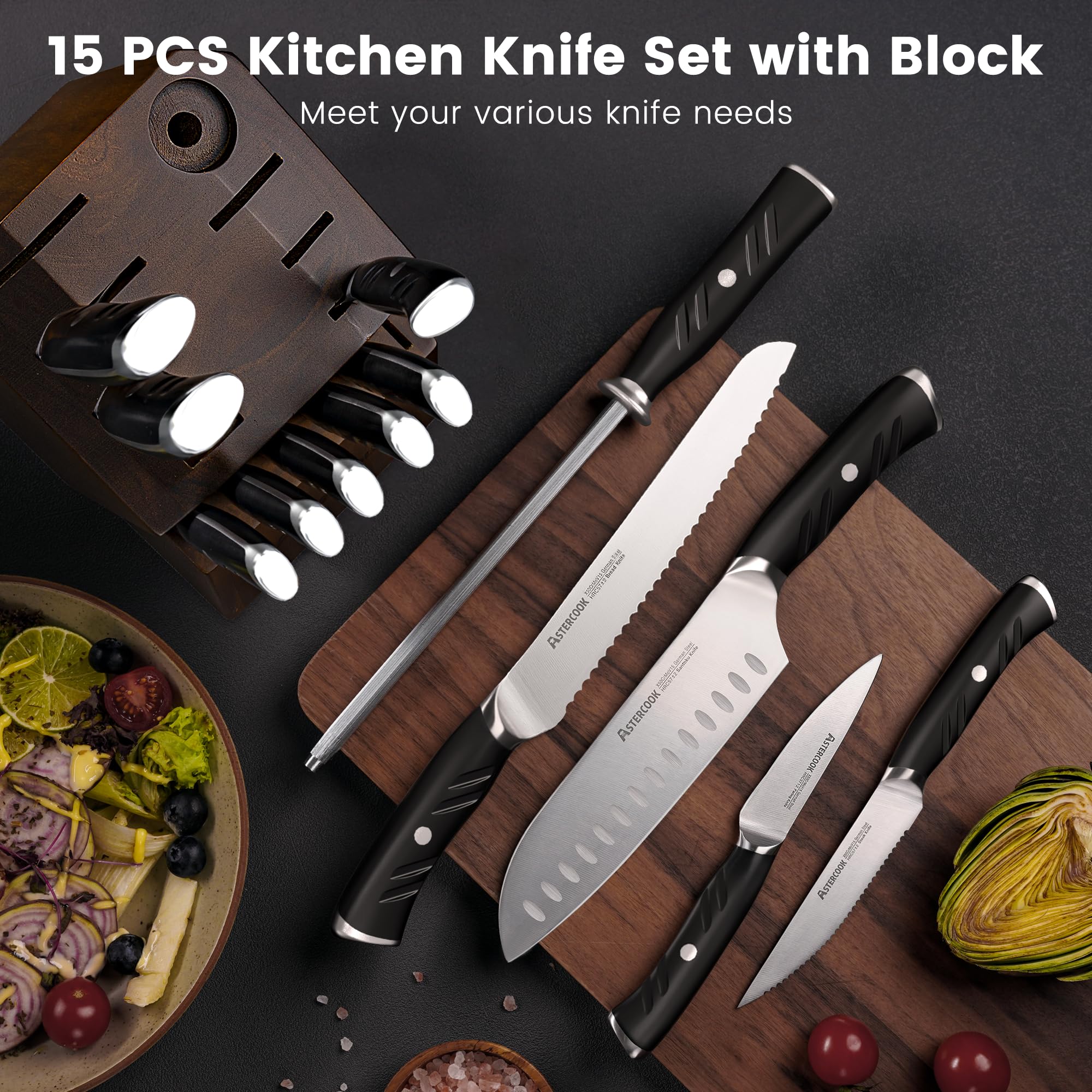 Astercook 15-Piece German Steel Kitchen Knife Set - 1.4116 Stainless Steel, Rust Proof, Full Tang Knives with Ergonomic Nylon Handle, Dishwasher Safe - Perfect for Home Chefs, Cooking Enthusiasts & Professional Kitchens