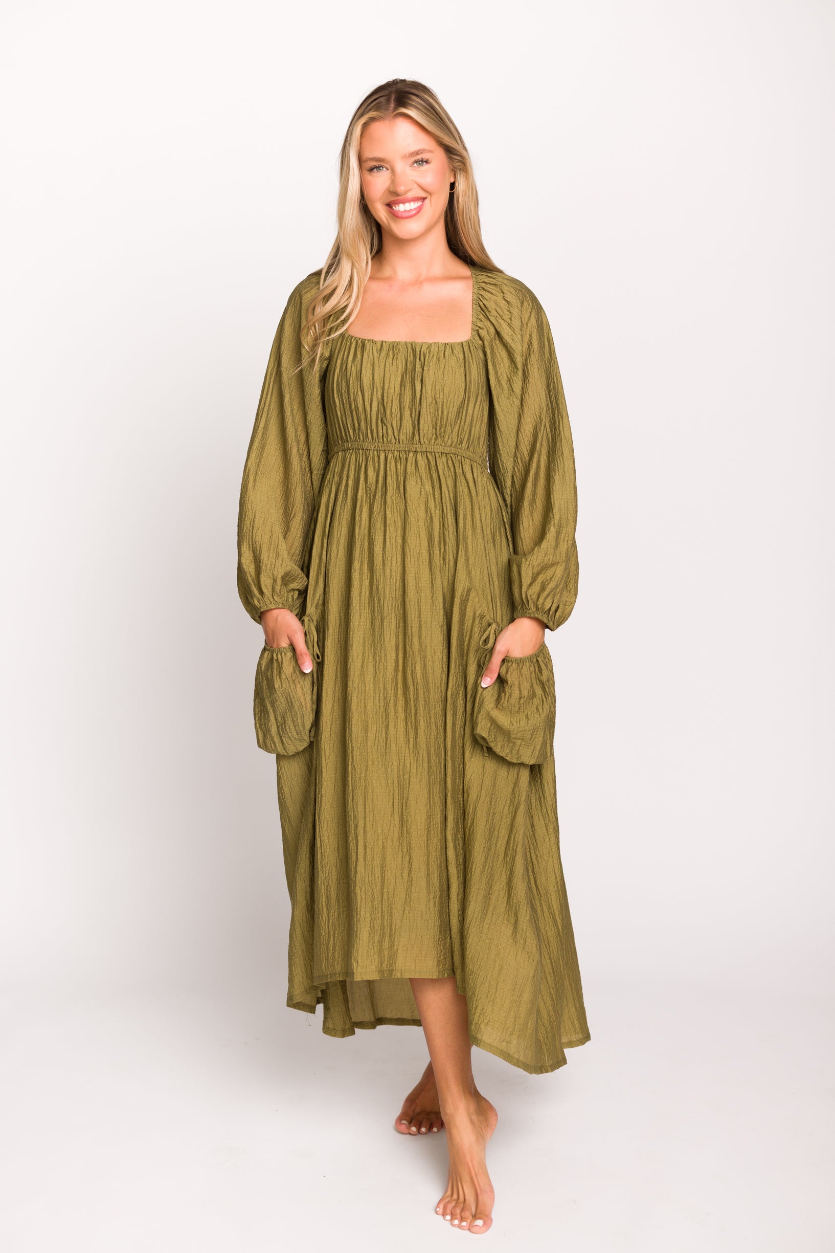 Ariana Women's Olive Long Sleeve Maxi Dress with Slouchy Pocket - Elegant Boho Style for Casual Wear, Date Night & Fall Fashion