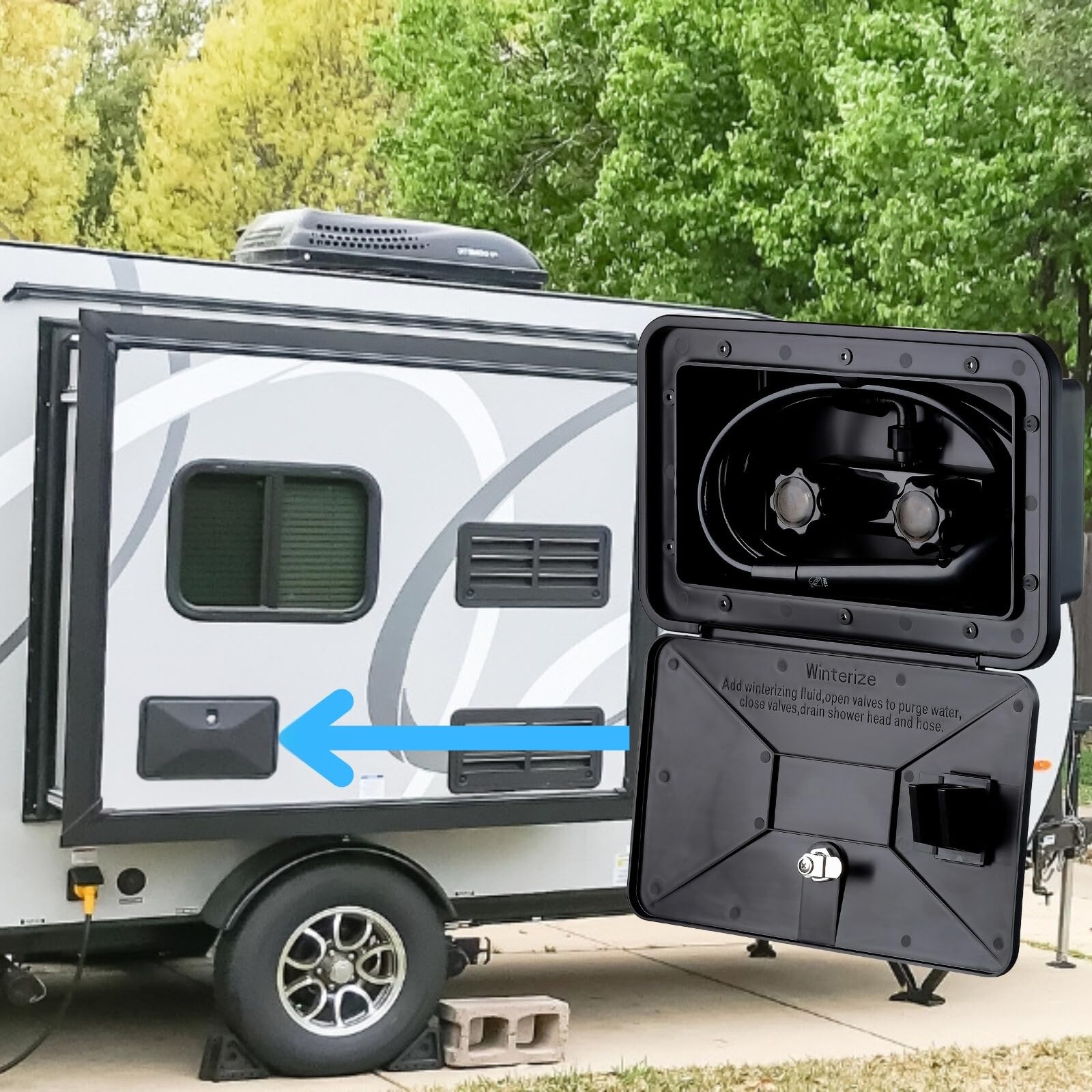 RV Exterior Shower Box Kit with Faucet, Head & Hose - Portable Outdoor Shower for Camper, Trailer, Motorhome & Boat - Perfect for Camping, RV Trips & Marine Use (Black)