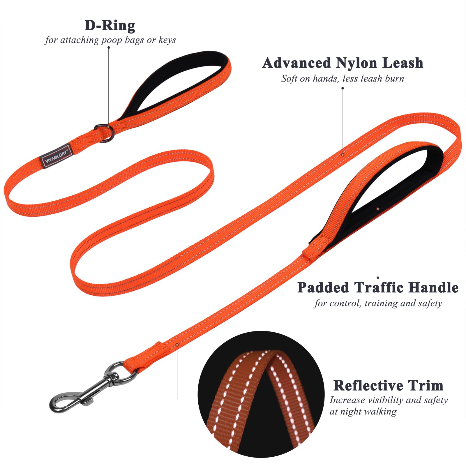 VIVAGLORY Heavy Duty Reflective Dog Leash with Dual Padded Handles - Strong Metal Hook Training Lead for Large Dogs - Orange - Perfect for Walking, Running & Nighttime Safety