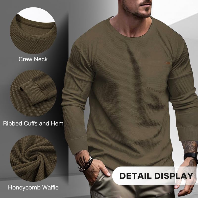 Men's Lightweight Long Sleeve Crewneck Sweater - Honeycomb Waffle Knit Casual Shirt with Pocket | Perfect for Fall Layering, Office Wear & Weekend Outfits