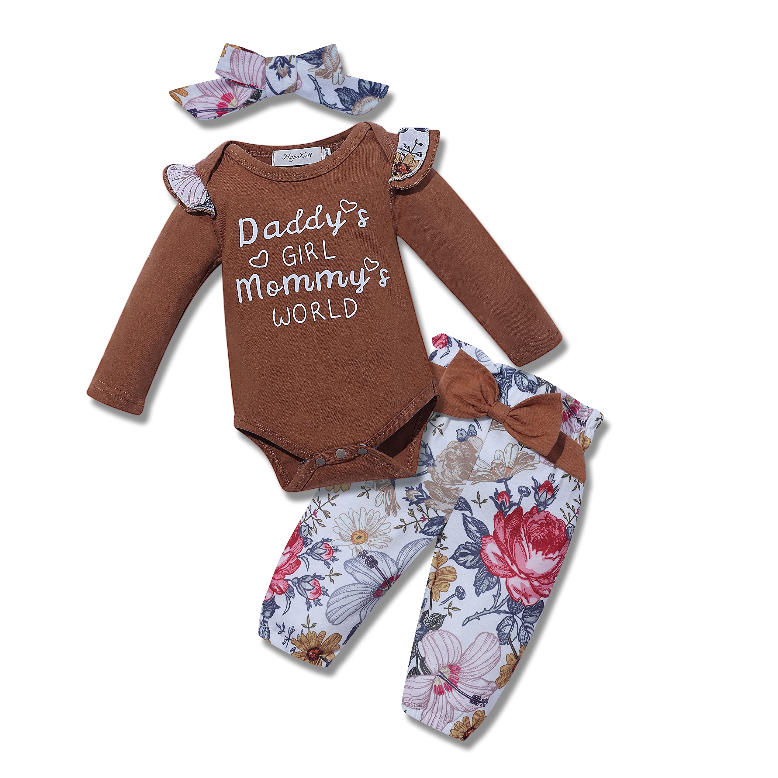 HopeKitt Newborn Baby Girl Clothes Set - Long Sleeve Romper & Floral Pants Outfit with Headband - Soft Infant Outfits for 0-12 Months - Perfect for Photoshoots, Playdates & Special Occasions
