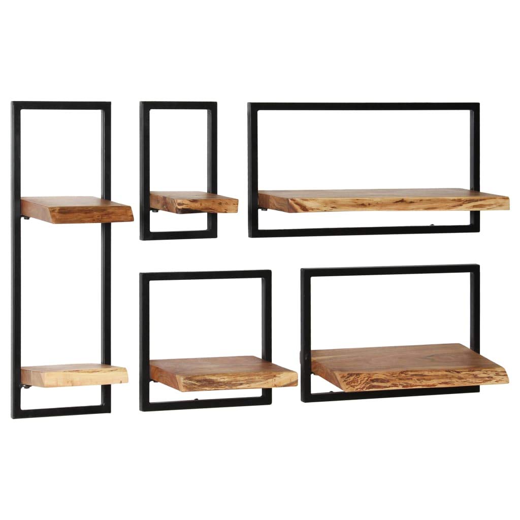 5-Piece Wall Shelf Set - Solid Acacia Wood & Steel Floating Shelves - Perfect for Living Room, Bedroom, Kitchen Storage & Display Decor