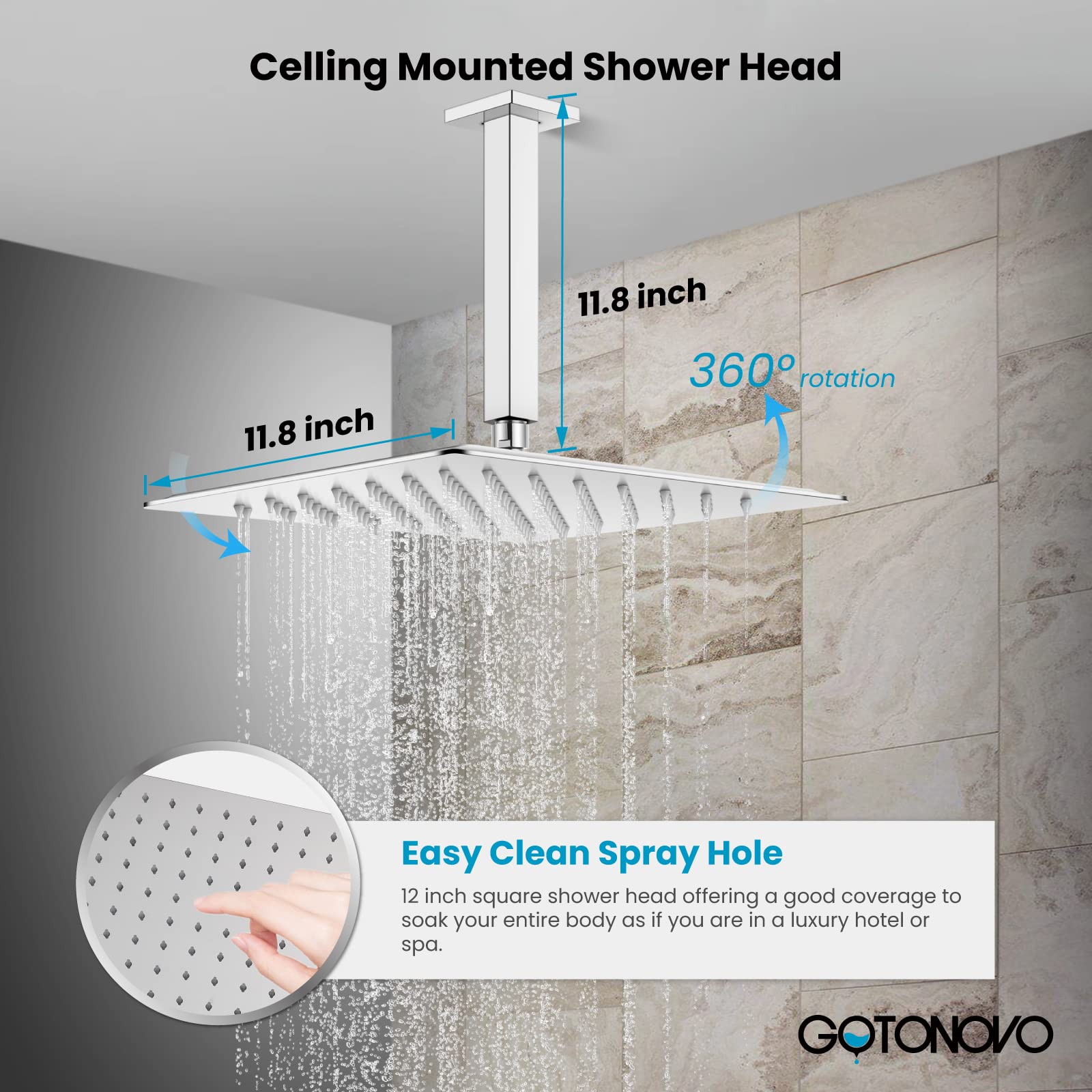 Gotonovo 12 Inch Chrome Polished Ceiling Mount Shower Faucet Set - Square Rainfall Showerhead & 2-in-1 Cylindrical Handheld Shower with Rough-in Valve | Luxury Bathroom Shower System for Modern Homes & Spa-Like Experience