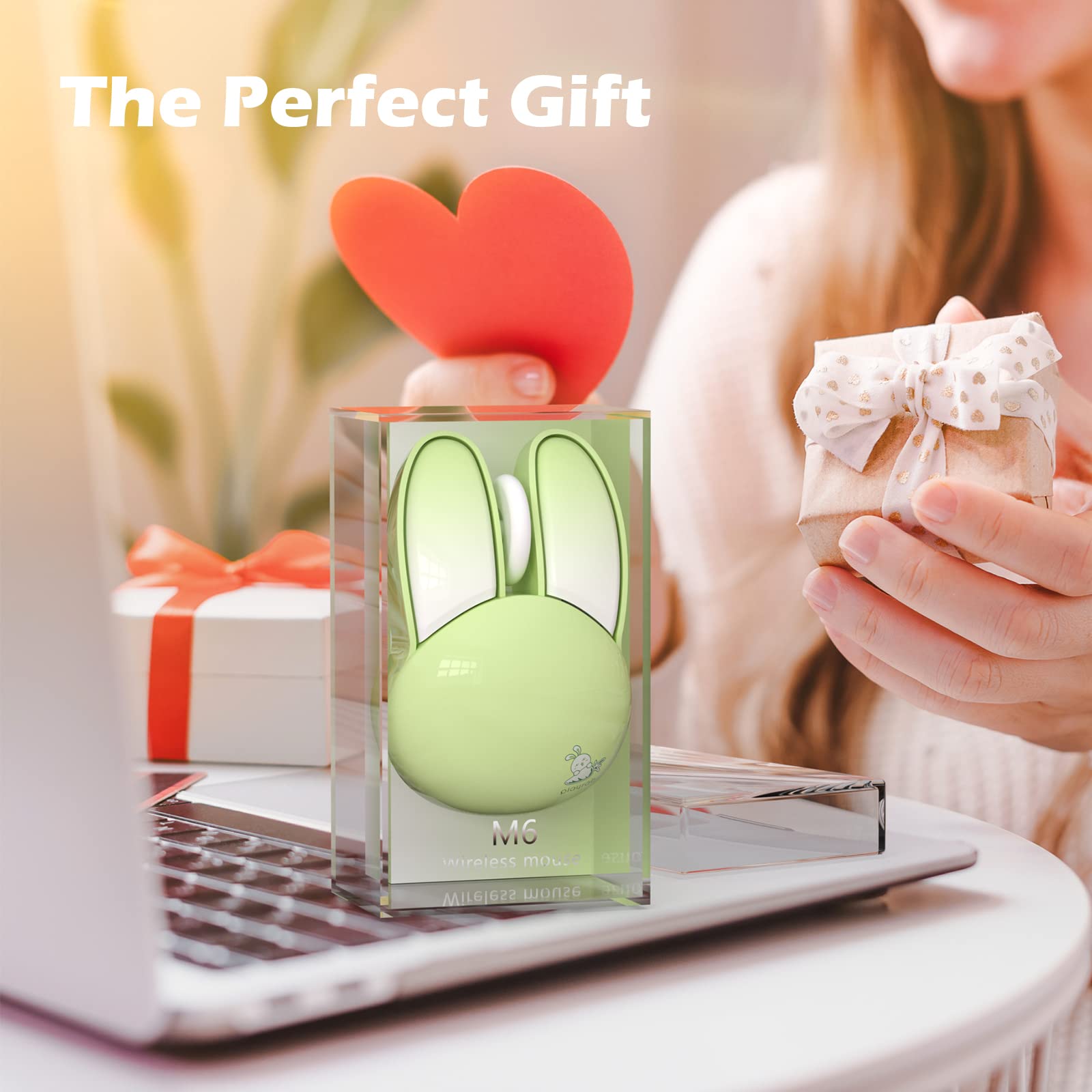 Wireless Silent Mouse with Cute Rabbit Design - 2.4GHz USB Mini Receiver, Optical Wireless Mouse for Laptop, PC, Chromebook, Notebook (Green) - Perfect for Office, Home & Quiet Workspaces