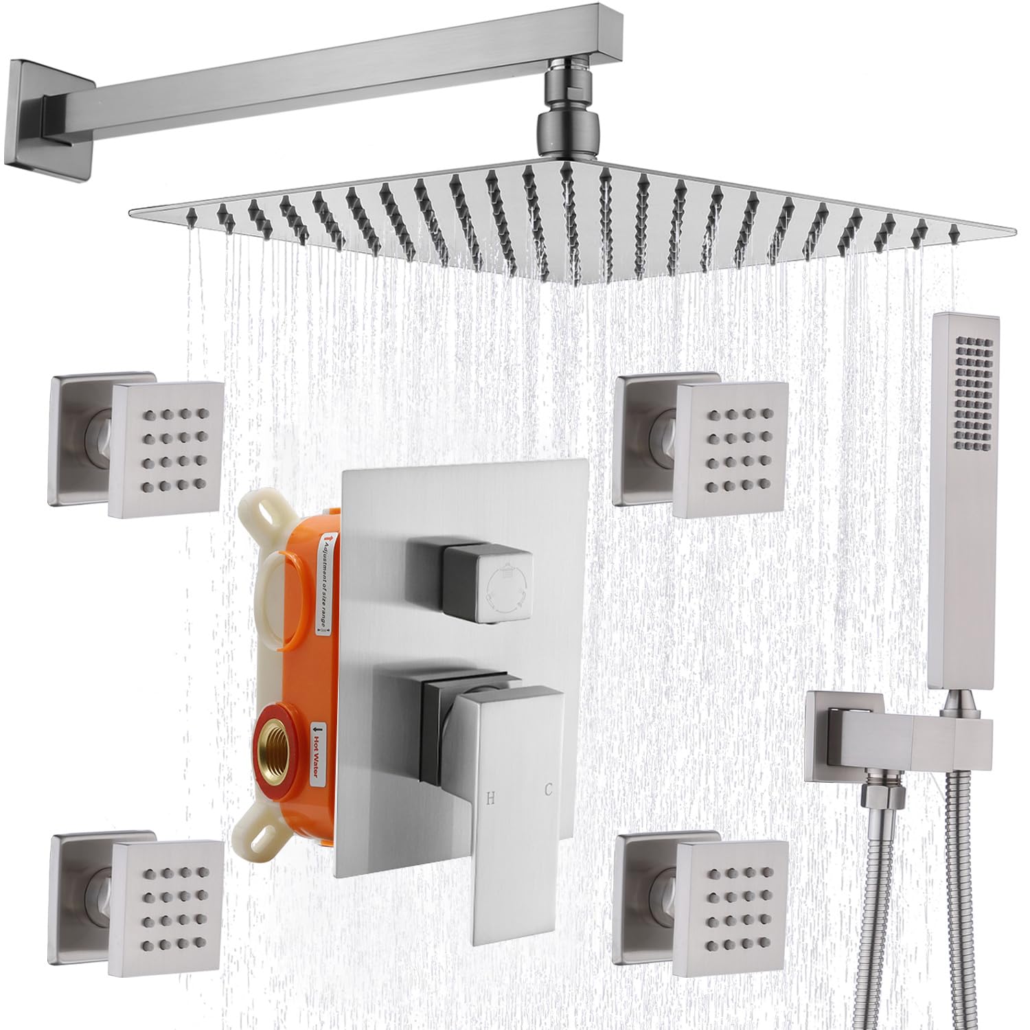 Enga 12-Inch Full Body Shower System with Adjustable Body Sprays - Wall Mounted All Metal Rain Shower Head with Rough-in Valve in Brushed Nickel - Perfect for Luxury Bathroom Renovation & Spa-Like Shower Experience