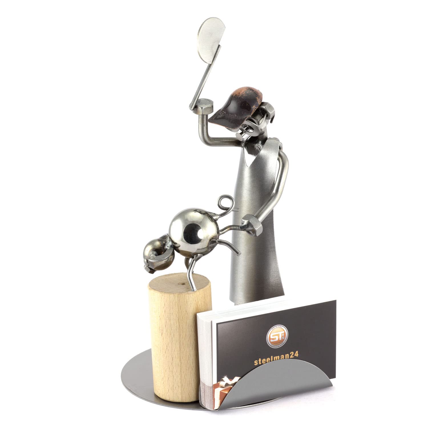 Handmade Metal Butcher Sculpture with Personalized Engraving - Nuts & Bolts Business Card Holder - German-Made Office Desk Decor for Meat Lovers & Professionals