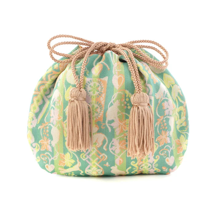 Nishijin Ori Small Drawstring Bag - Japanese Traditional Craft Purse Made in Kyoto | Cat & Love Spoon Design | Perfect for Gift, Cosplay & Cultural Enthusiasts