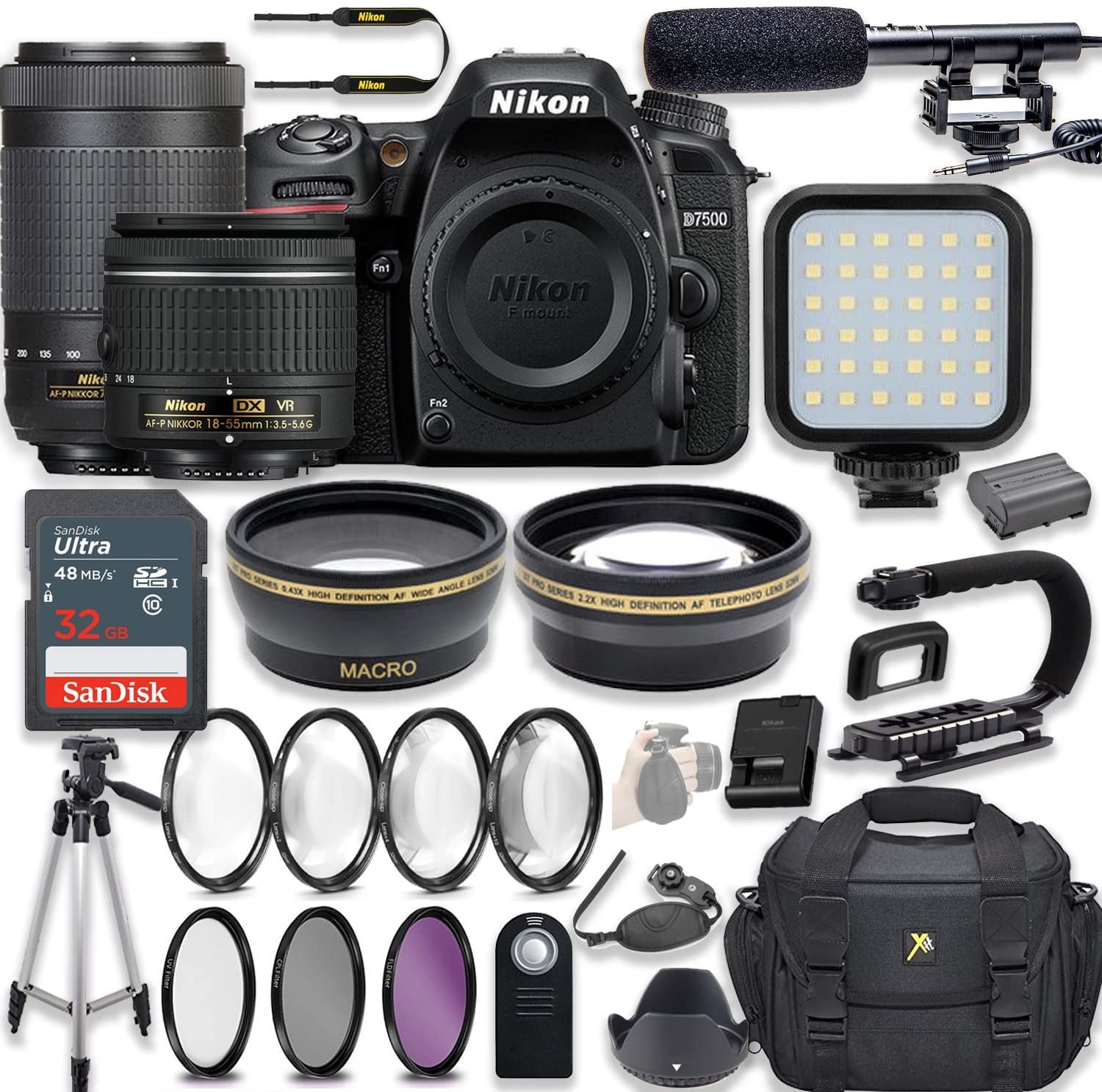 Nikon D7500 20.9MP DSLR Camera Bundle with AF-P 18-55mm VR & 70-300mm ED VR Lenses, LED Light, 32GB Memory, Filters, Macro Lens, Deluxe Bag - Perfect for Travel Photography, Wildlife Shooting & Professional Portraits