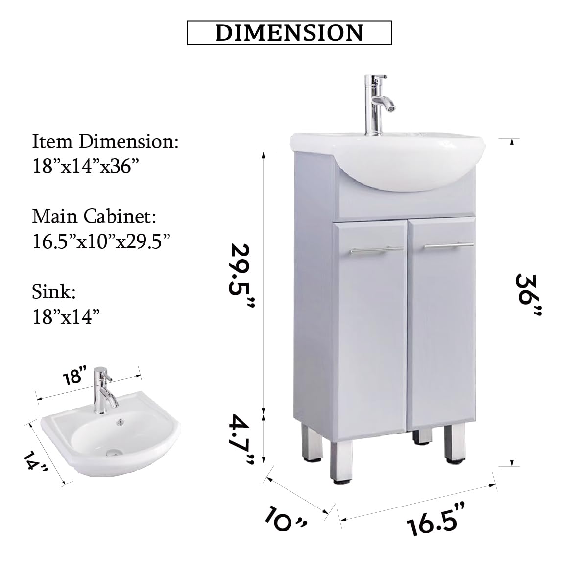 18 Inch Floor Standing Bathroom Cabinet with Mirror - Ceramic Vessel Sink, Faucet & Drain Included (Grey) - Perfect for Modern Bathroom Vanity & Small Space Storage Solution