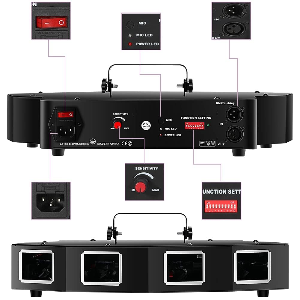U'King DJ Laser Lights - 4 Beam RGBY LED Party Light with Sound Activation & DMX Control | Perfect for Dance Parties, Birthday Events, Bars, Pubs & Stage Lighting