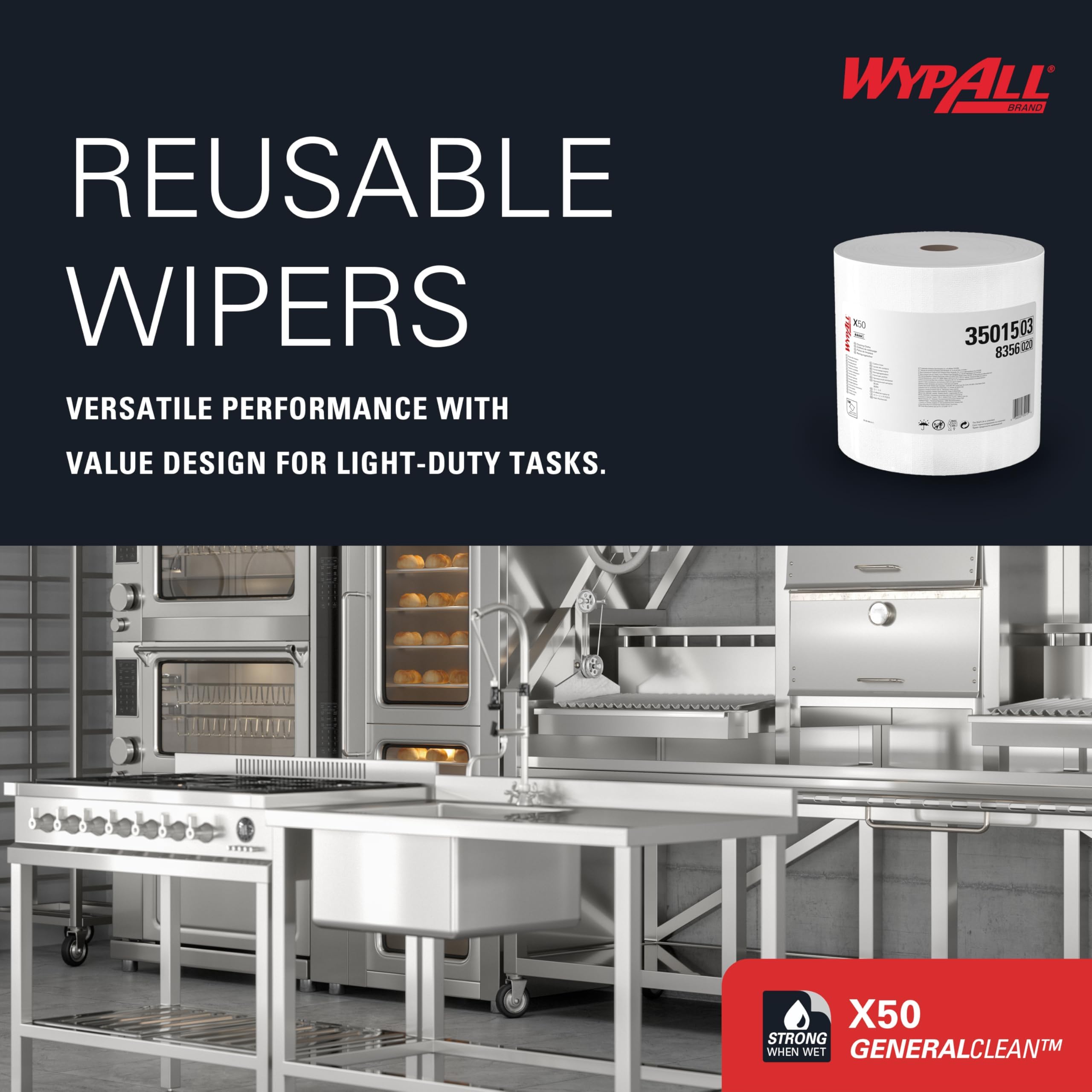 WypAll GeneralClean X50 Heavy-Duty Cleaning Wipes (35015) - Jumbo Roll with 1,100 Strong, Absorbent White Towels for Industrial & Home Use - Perfect for Workshops, Kitchens & Automotive Cleaning
