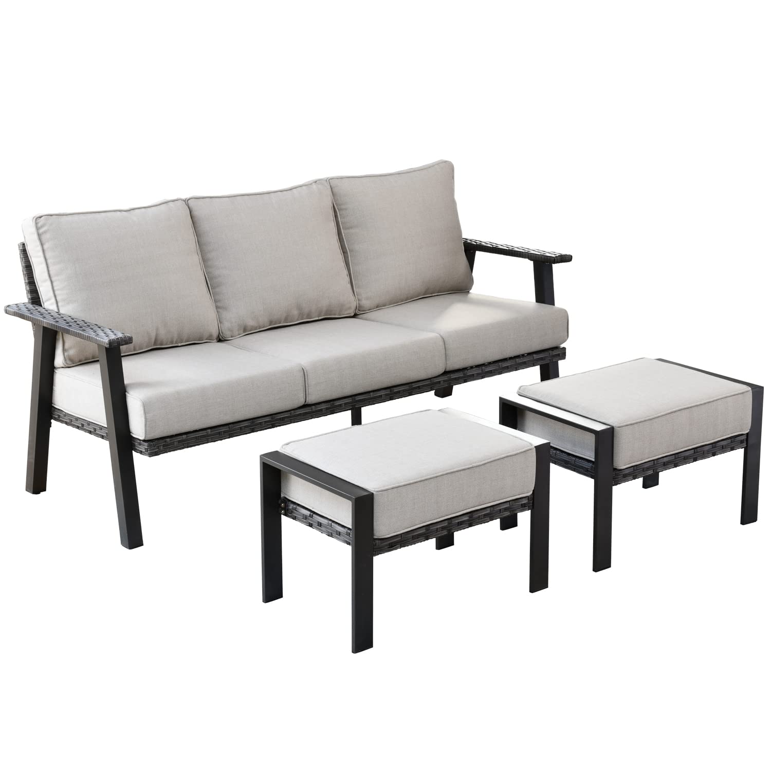 **HOOOWOOO 3-Piece Outdoor Patio Furniture Set - All-Weather Wicker Sofa with Ottoman & Beige Cushions - Perfect for Garden, Balcony, and Poolside Relaxation**