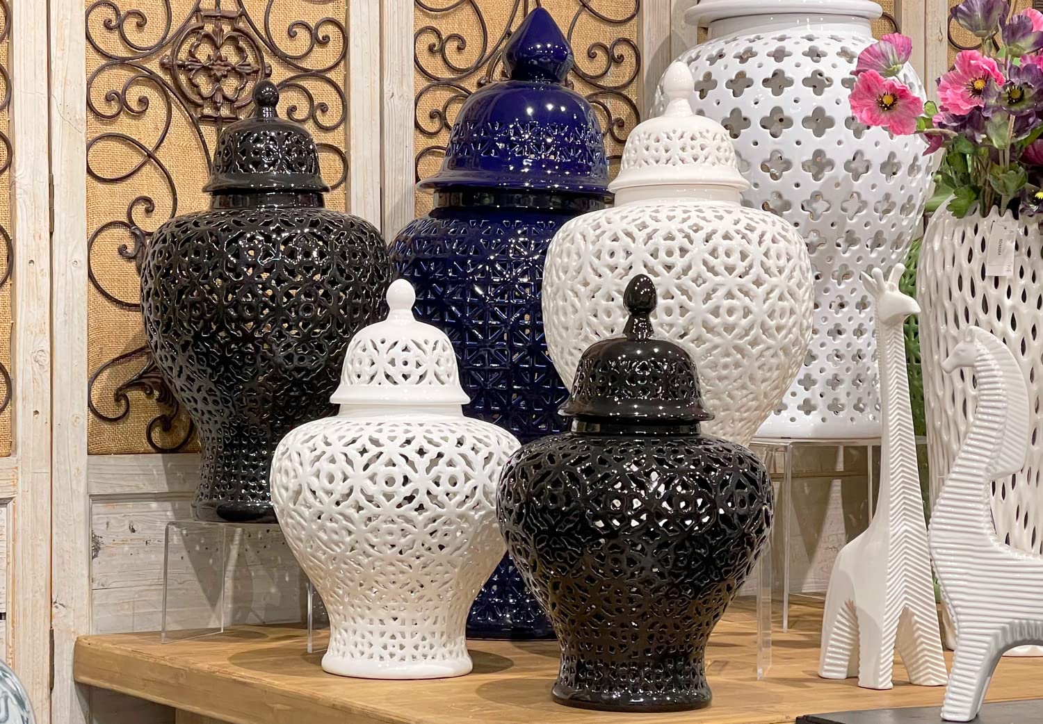 Galt International 19.5” White Lattice Ginger Jar with Lid - Mediterranean Inspired Decorative Vase - Handcrafted Home Decor for Living Room, Kitchen, Dining Table & Entryway - Perfect for Floral Arrangements & Stylish Interior Design