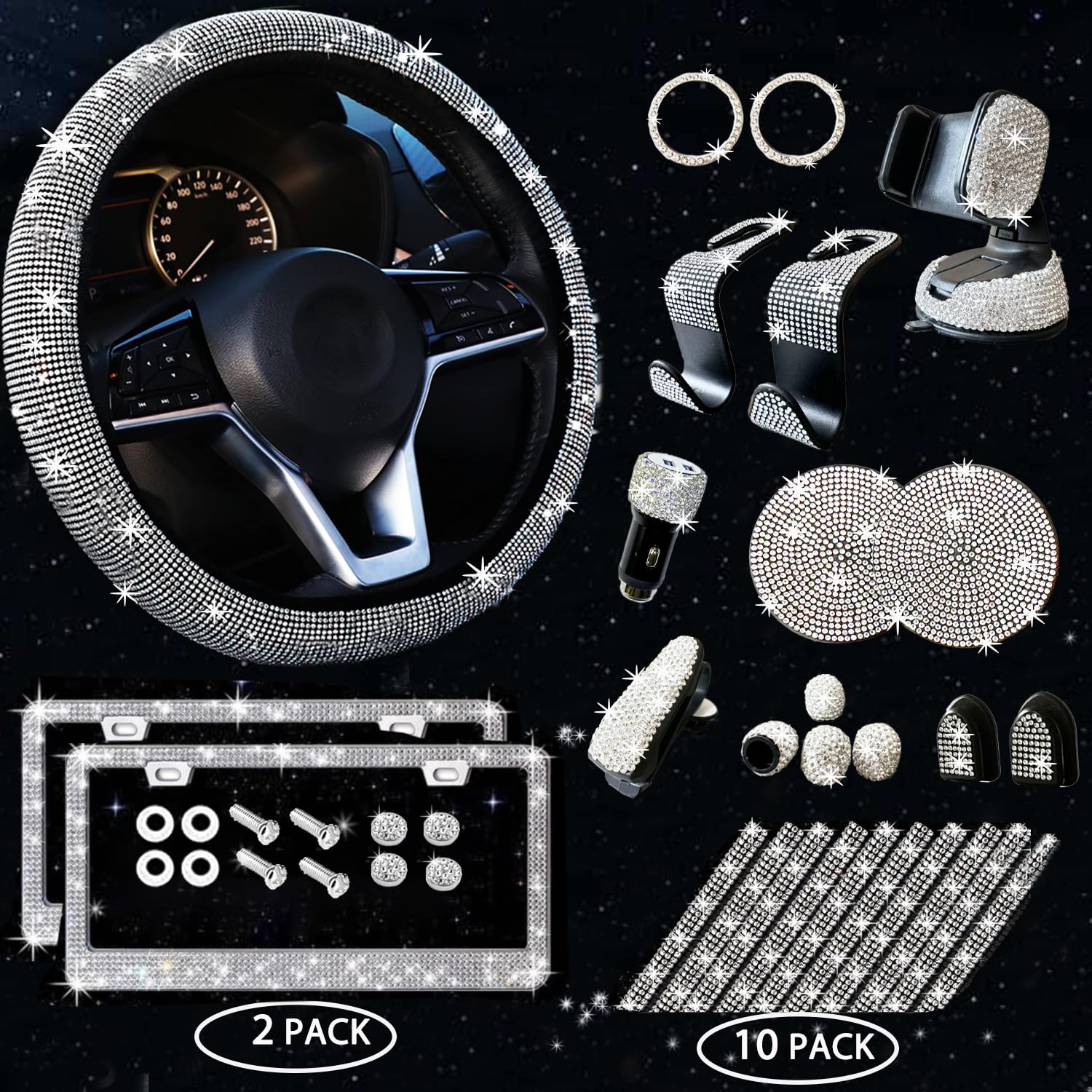 28-Piece Rhinestone Car Accessories Kit with 2 Bling License Plate Frames & 15