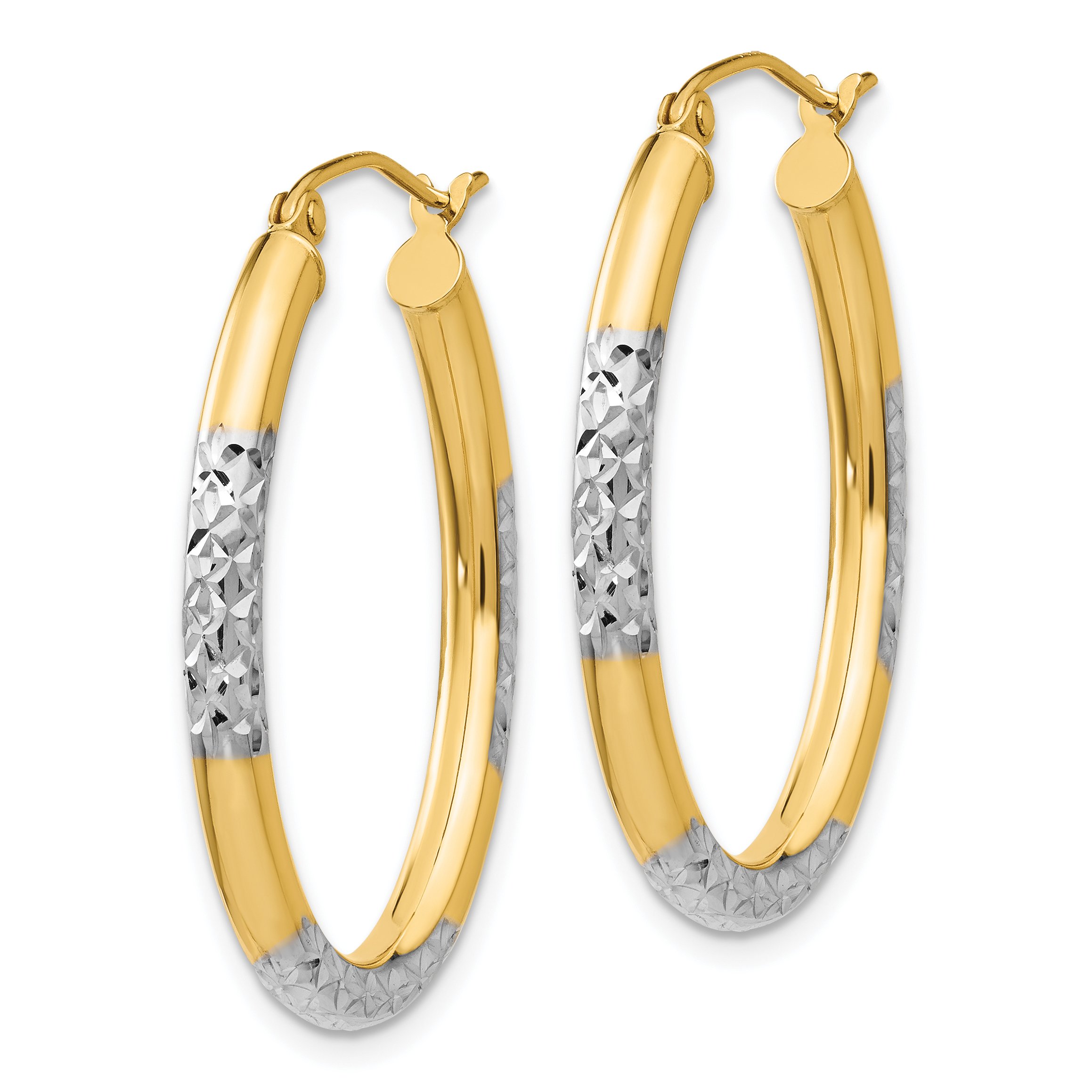 14K Solid Two-Tone Yellow & White Gold 3mm Oval Medium Hoop Earrings for Women - Elegant Everyday Jewelry, Perfect for Work, Date Night & Special Occasions