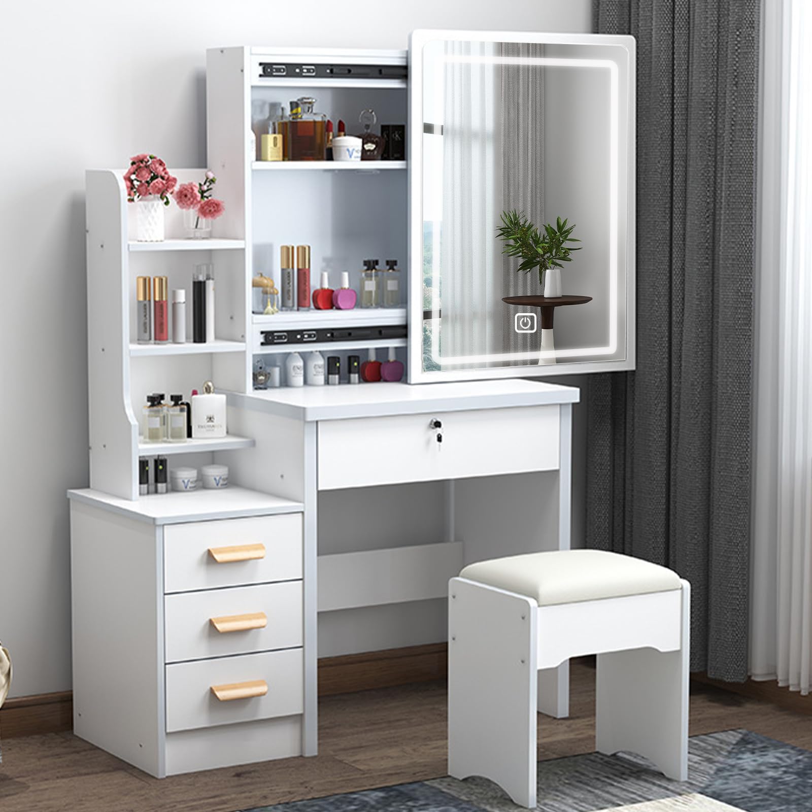 Vanity Desk with Mirror and Lights - 3 Adjustable Lighting Modes, European Style Dressing Table with Drawers & Open Shelves, White Makeup Vanity for Bedroom | Perfect Gift for Women & Girls | Ideal for Makeup Application, Skincare Routine & Home Decor