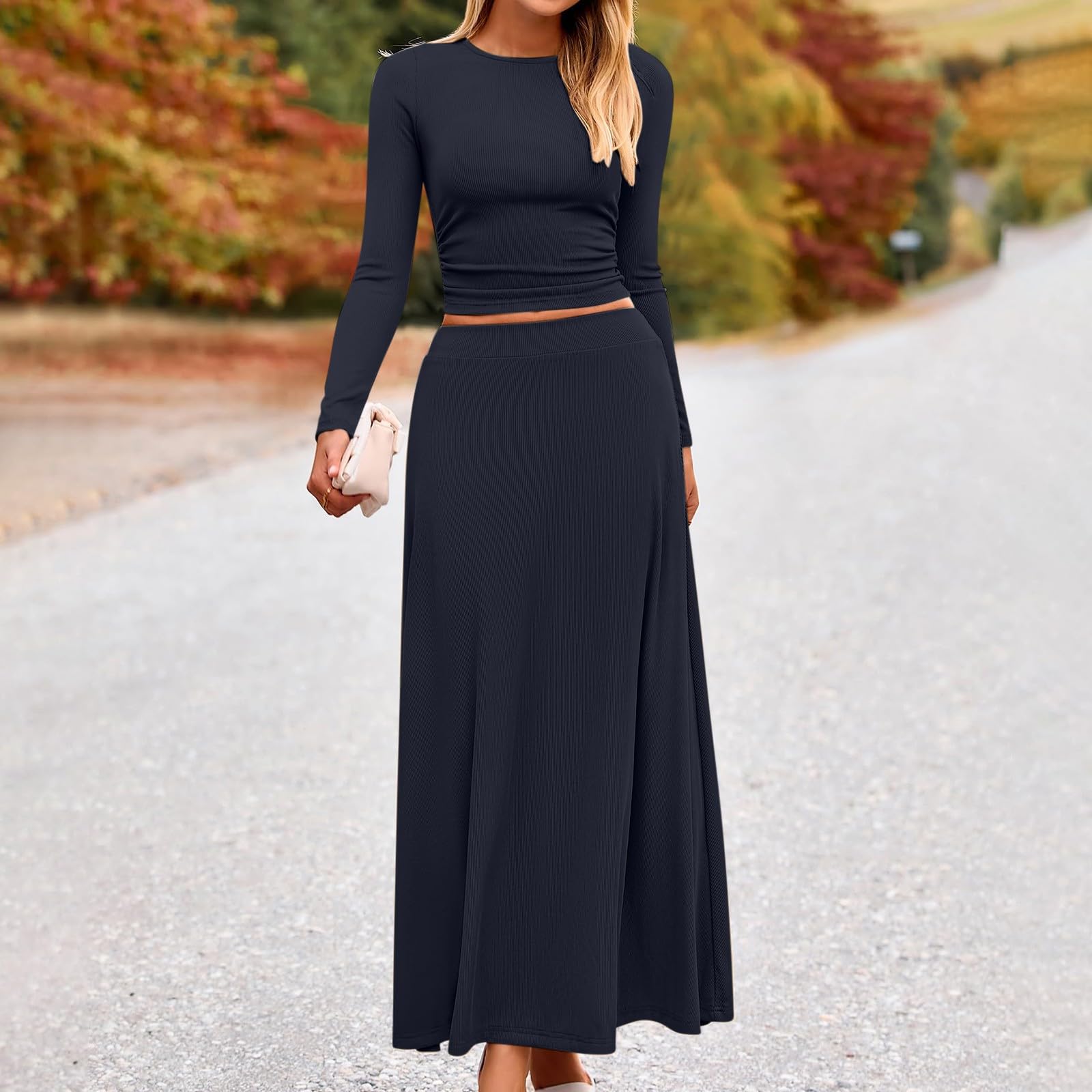 Women's 2 Piece Outfits - Long Sleeve Tops & Maxi Skirt Sets, Ribbed Knit Matching Lounge Set, Comfy Dressy Loungewear for Casual Wear, Date Night & Relaxing at Home
