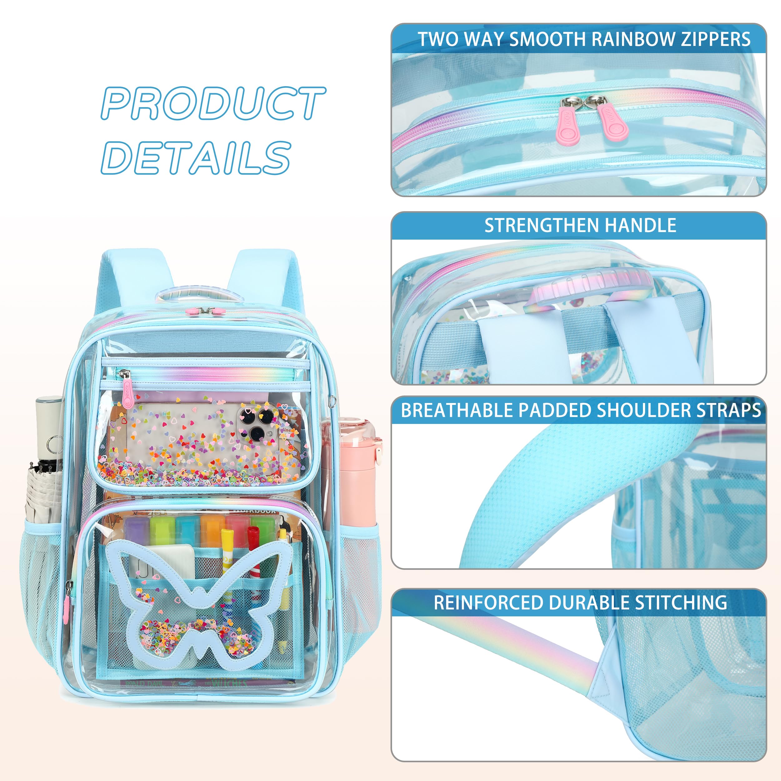 Clear Backpack for School & Travel - Large Heavy Duty See-Through Bookbag with Butterfly Design | Stadium Approved Transparent Backpack for Women, Teens & Students | Perfect for Work, Concerts & Daily Use (Blue)