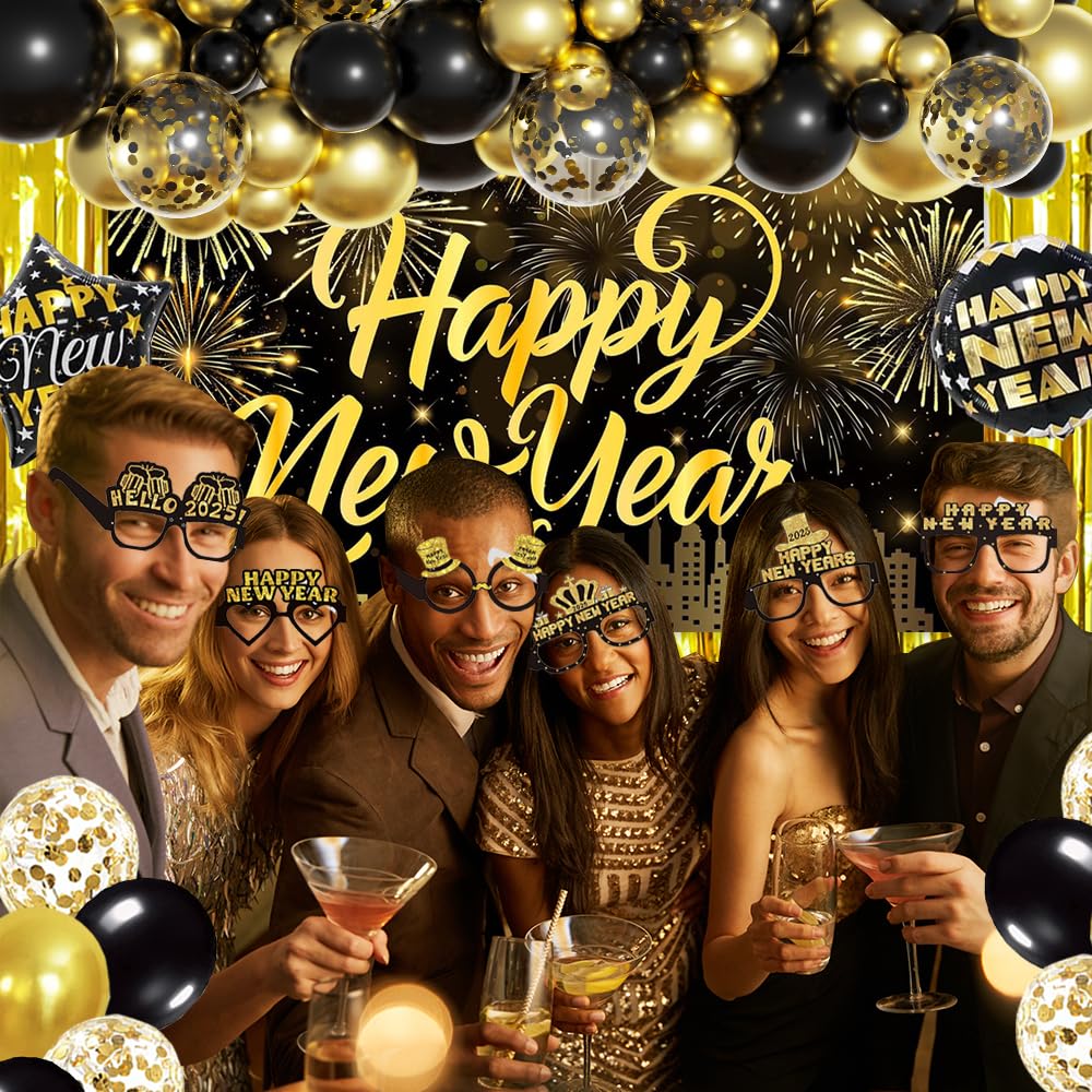 IMISHM 2025 New Year Party Decorations Set - NYE Balloons, Banner, Hats, Glasses & Foil Curtains for New Year's Eve Celebrations, Countdown Parties & Home Decor