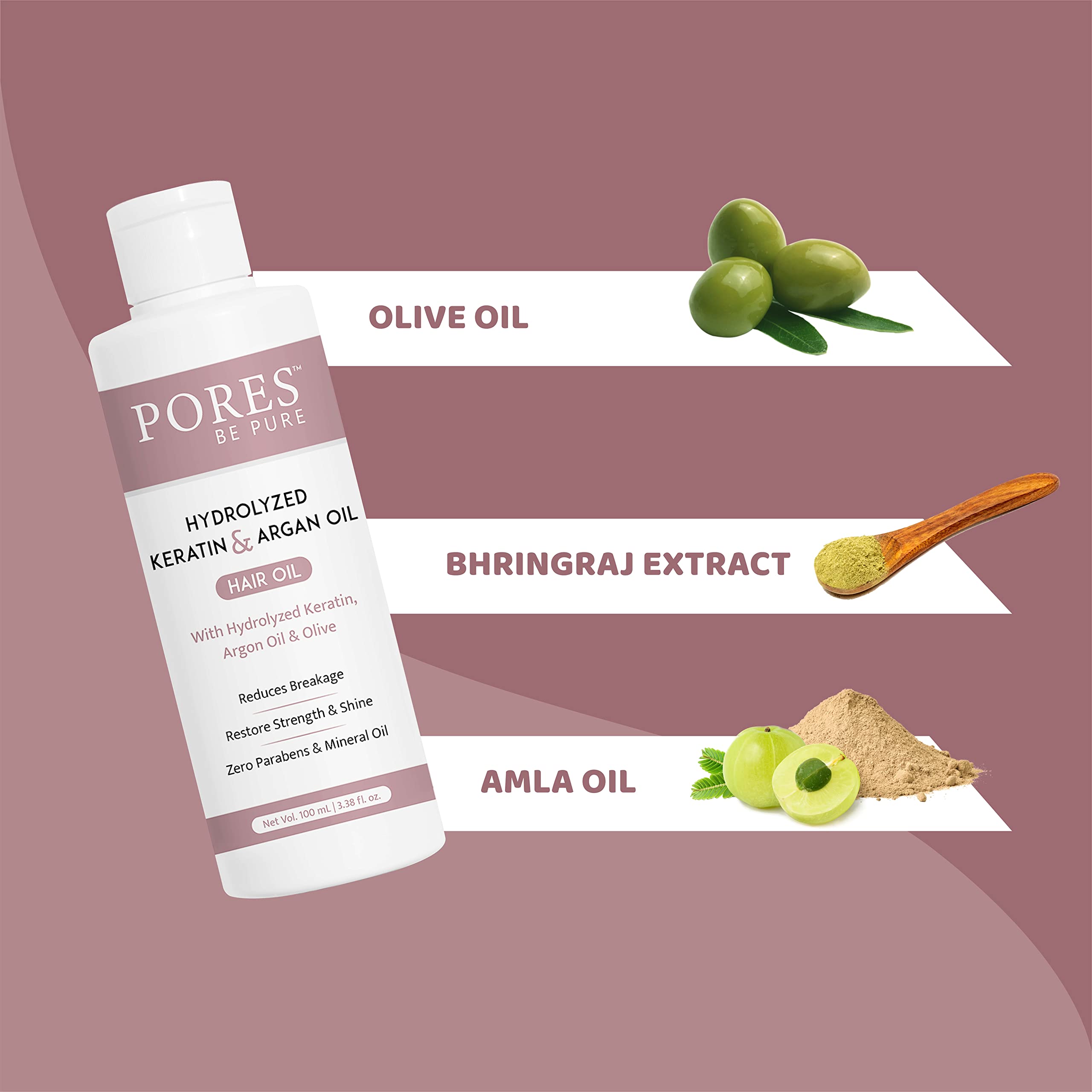 PORES Be Pure Hydrolyzed Keratin & Argan Hair Oil with Almond Oil - Smooth, Shiny, Strong Hair Treatment for Damaged Hair | Sulfate & Paraben Free | Men & Women | 100ml | Perfect for Daily Hair Care, Salon Treatments & Heat Styling Protection