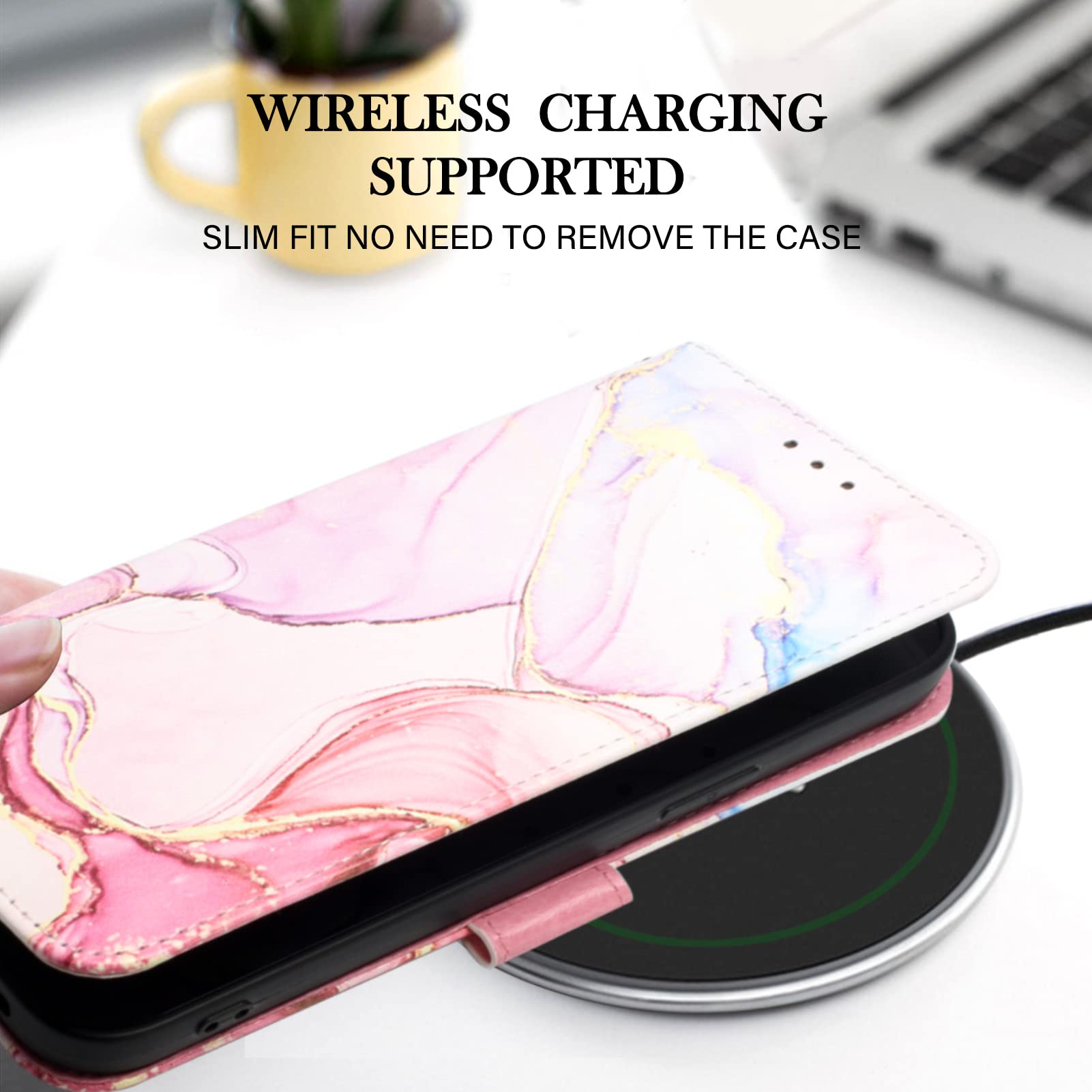 Samsung Galaxy S21 Ultra Leather Wallet Case - Flip Folio Cover with Card Holder & Kickstand | Marble Design Protective Phone Case for Women (Rose Gold) | Perfect for Work, Travel & Everyday Use