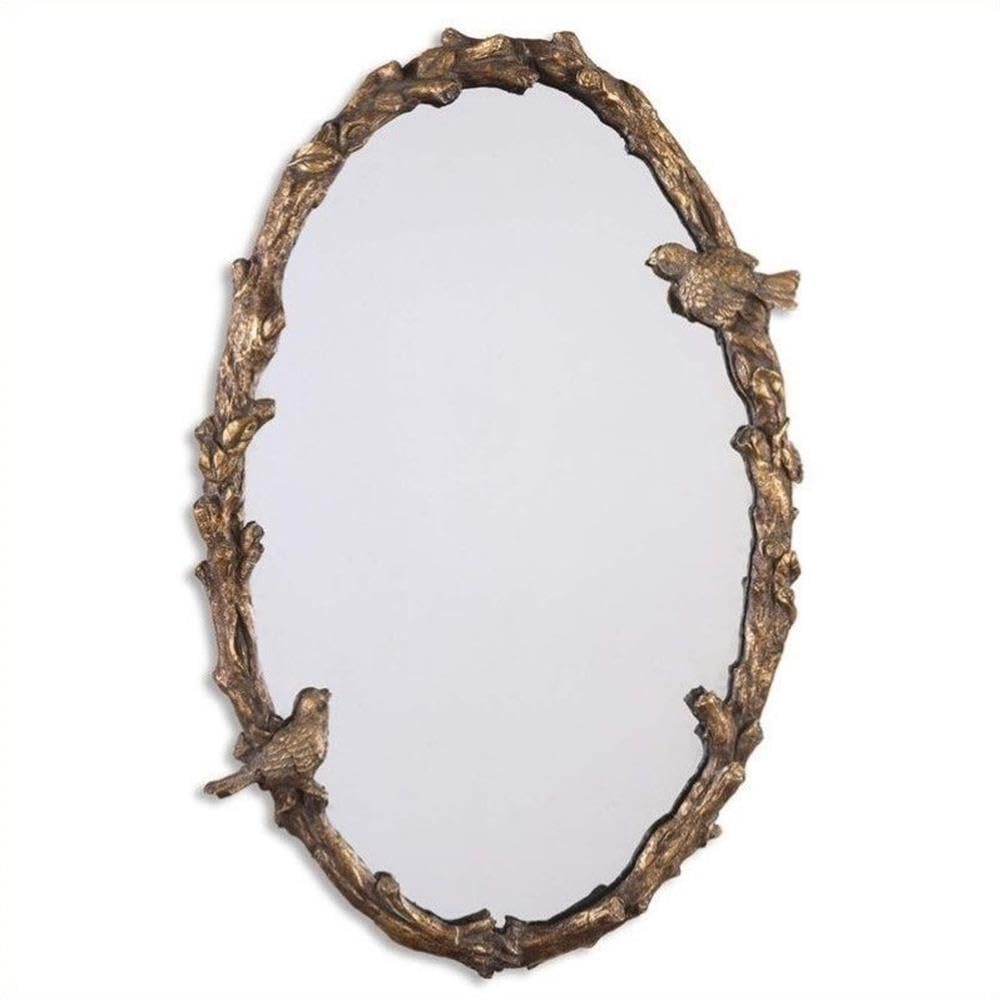 BOWERY HILL Modern Oval Vine Mirror in Distressed Antiqued Gold - Vintage Style Wall Decor for Living Room, Bedroom & Entryway