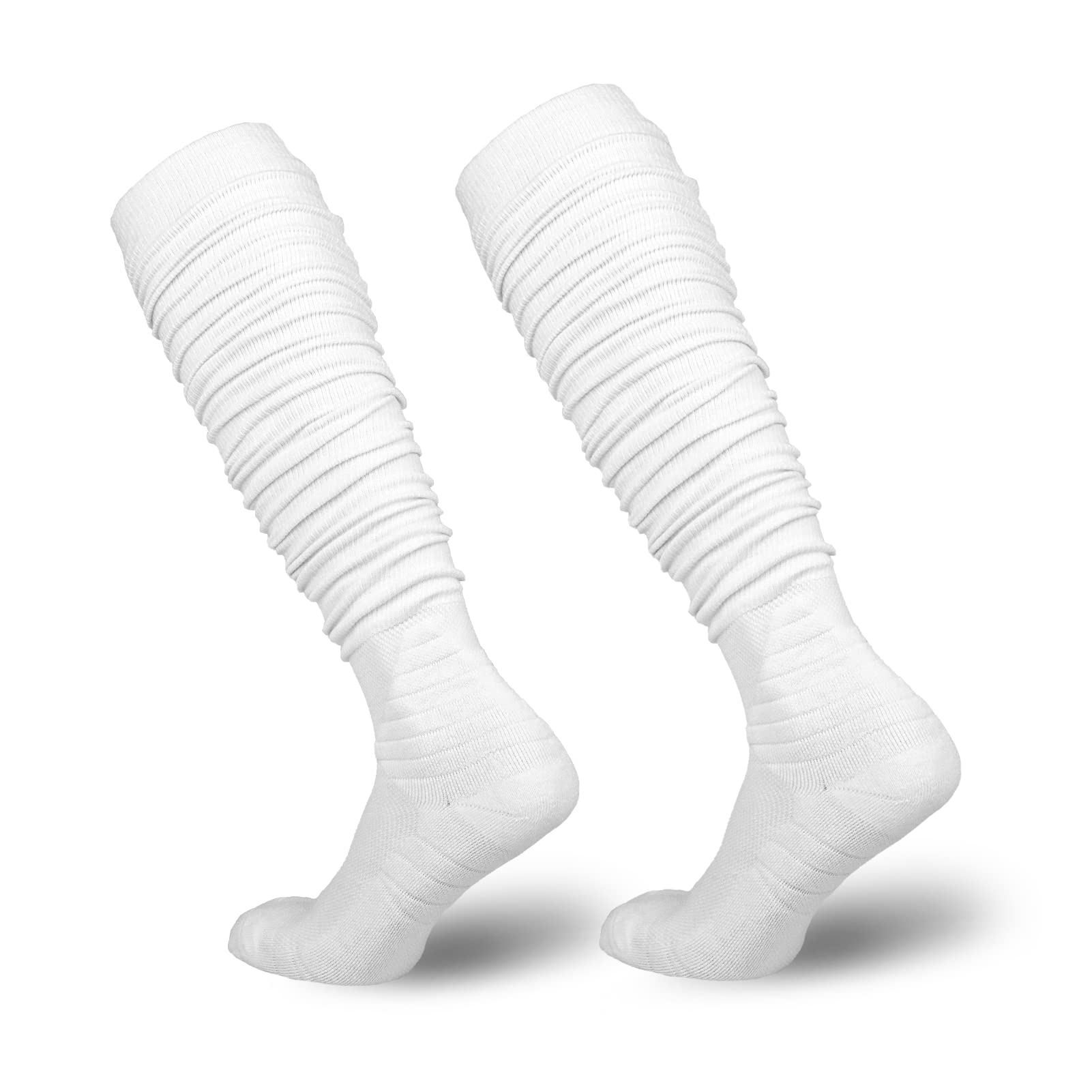 YYXR Non-Slip Extra Long Football Socks for Men - White Knee High Compression Soccer Socks with Scrunchie Design - Perfect for Training, Matches & Athletic Performance