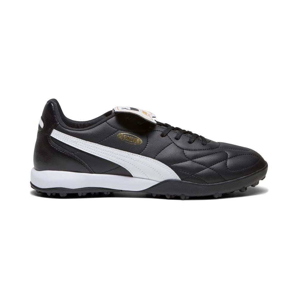 Puma King Top TT Turf Football Shoes for Men - Black/White/Gold - Soccer Cleats for Artificial Grass - Perfect for Training & Matches