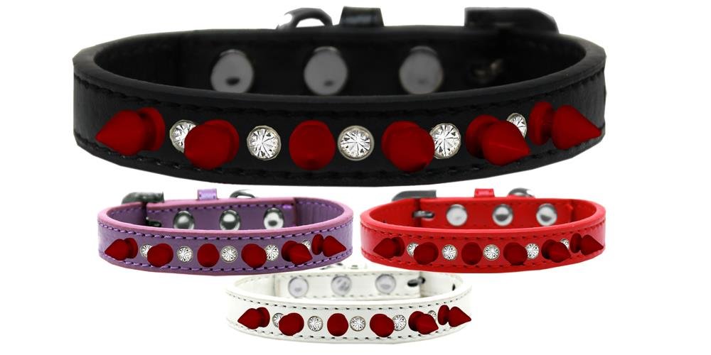 Black Dog Spike Collar with Clear Crystals & Red Spikes for Pets