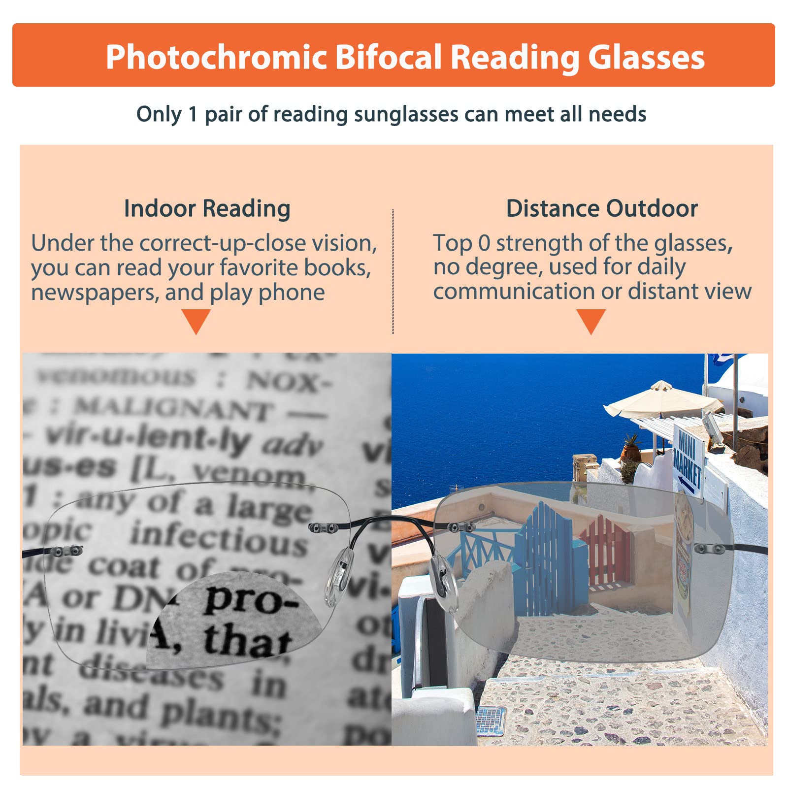 Photochromic Bifocal Reading Glasses - Anti Blue Light & Transition Sunglasses for Women & Men - Rimless Lightweight Sun Readers for Outdoor Reading & Computer Use