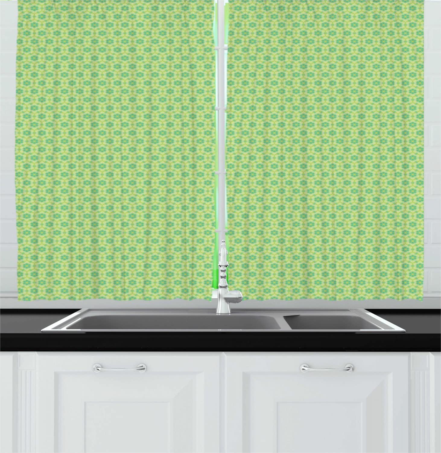 Ambesonne Floral Long Kitchen Curtains - Modern Abstract Flower & Interwoven Circles Design, 2 Panel Rod Pocket Drapes, 55