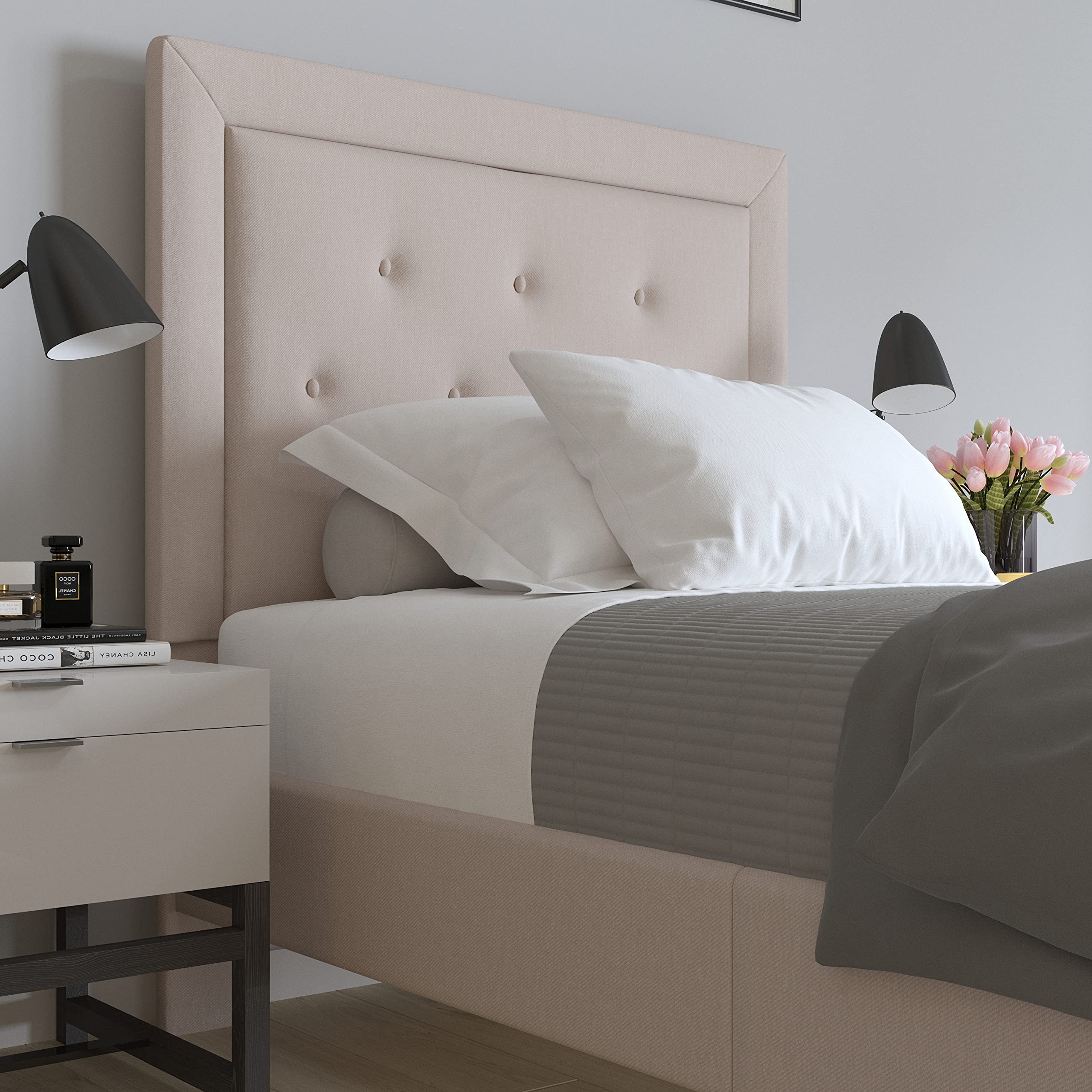 Merrick Lane Mallory Twin Size Platform Bed - Tufted Upholstered Bed Frame with Beige Fabric - Perfect for Small Bedrooms & Guest Rooms