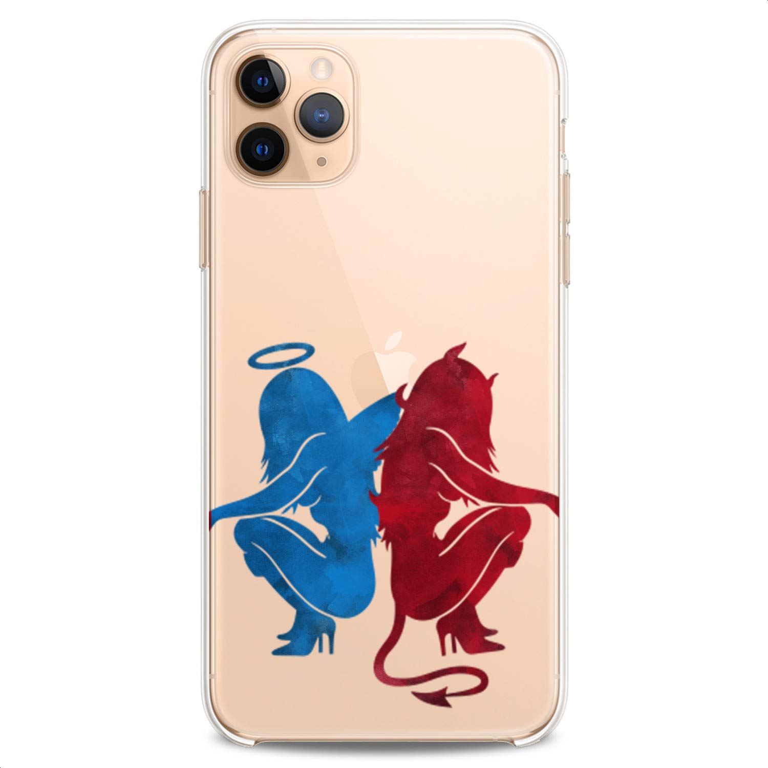 **TPU Case for iPhone 16/15/14/13/12/11 Pro Max/Plus/Mini/XS/XR/X/8+/7/6/5/SE - Angel & Devil Clear Blue Print Art Design, Slim & Flexible Silicone Cover for Women (Cute Watercolor Style) - Perfect for Everyday Use & Gift Giving**