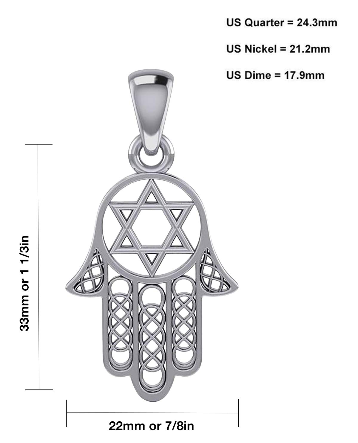 925 Sterling Silver Hamsa & Star of David Pendant Necklace for Men - 1.33 Inch Jewish Symbol - Adjustable 18