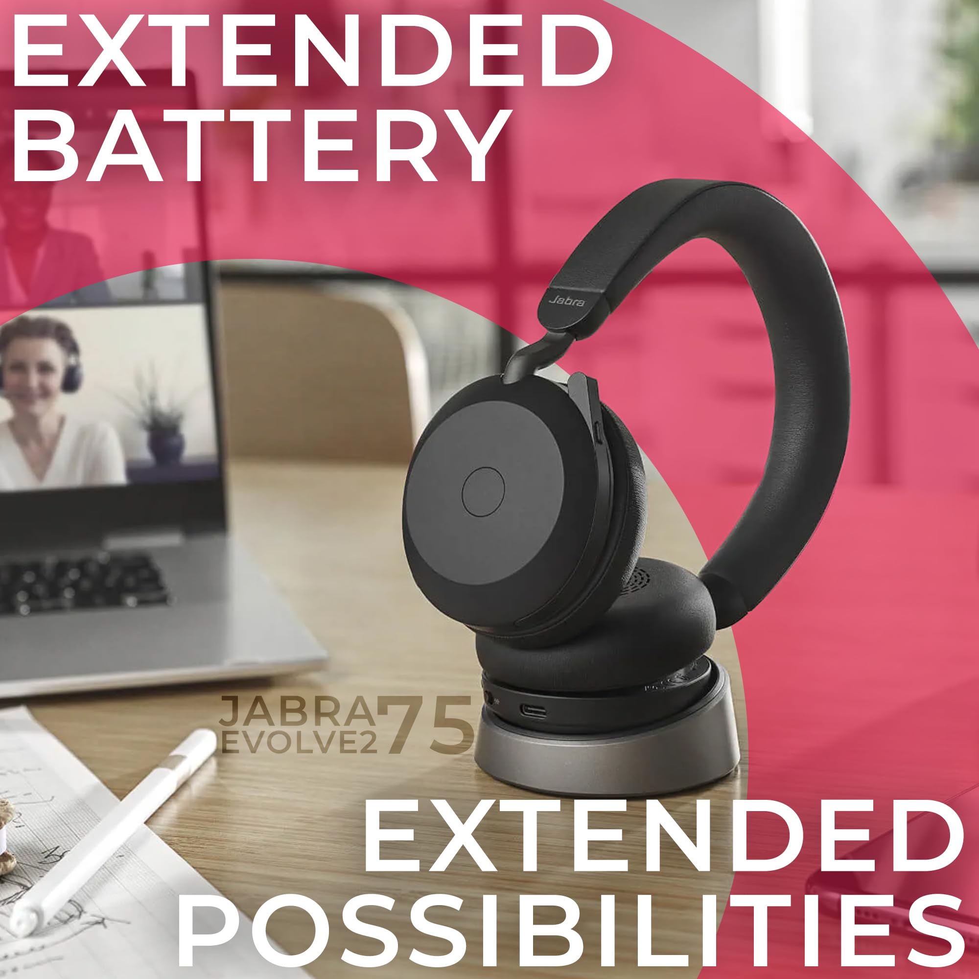 Jabra Evolve2 75 Wireless Stereo UC Headset with Charging Stand - USB Dongle Included - Compatible with Zoom, RingCentral, Smartphones, Tablets, PC & Mac (Model 27599-989-989) - Gold Support Plan & Mobile Wallet - Perfect for Home Office, Remote Work & Video Conferencing