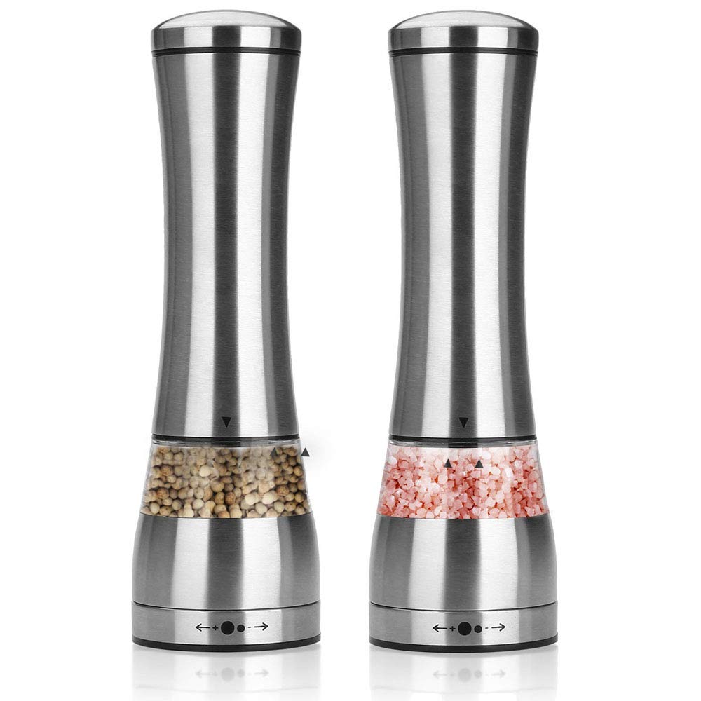 2 in 1 Automatic Salt and Pepper Grinder Set - Stainless Steel Spice Mill with Adjustable Coarseness & Ceramic Rotor - Battery Operated Acrylic Visible Window - Perfect for Kitchen, Dining Table, and Outdoor Cooking
