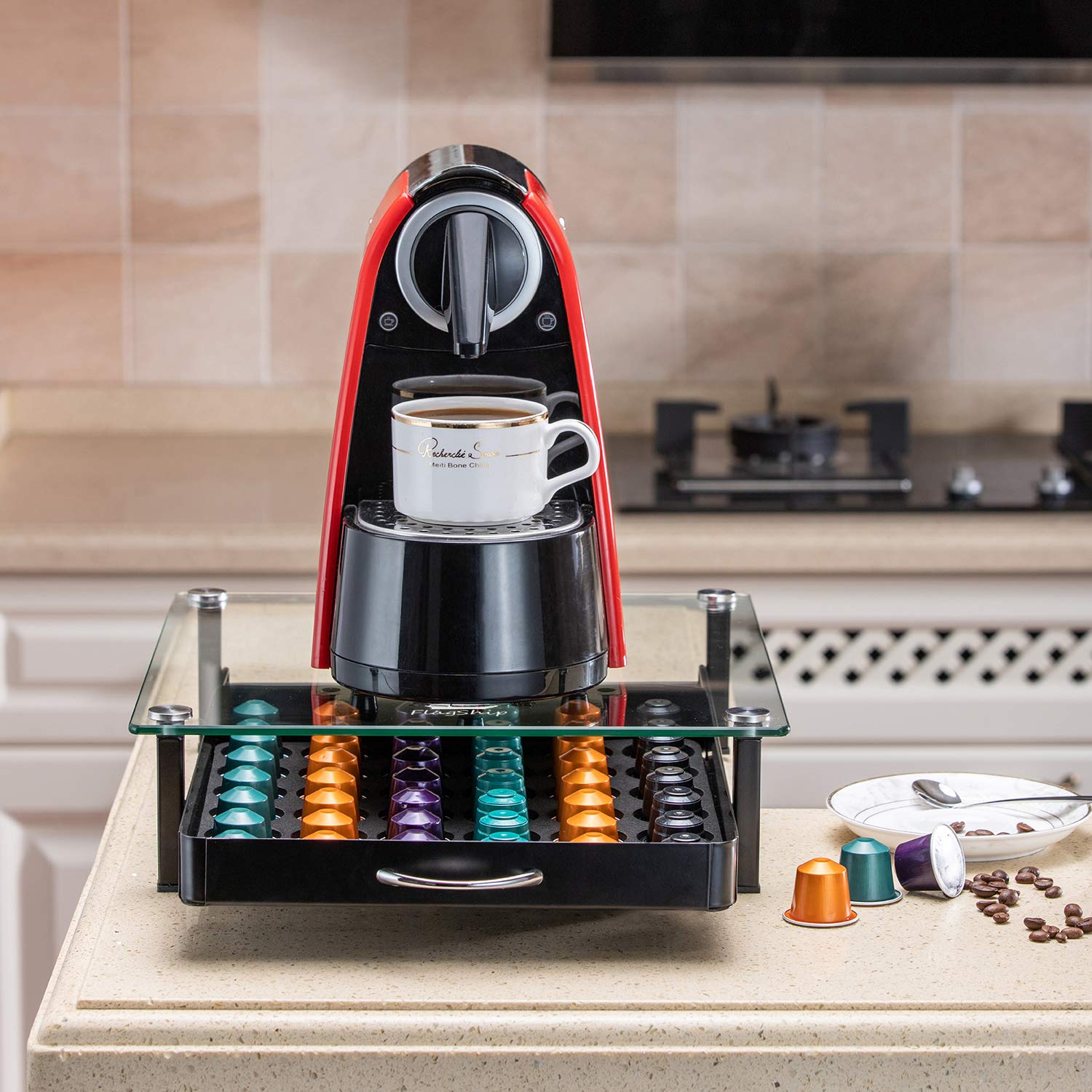 Premium Nespresso Capsule Holder Drawer - Holds 42 OriginalLine Pods | Glass Storage Organizer for Coffee Capsules | Perfect for Kitchen Countertop & Office Coffee Station