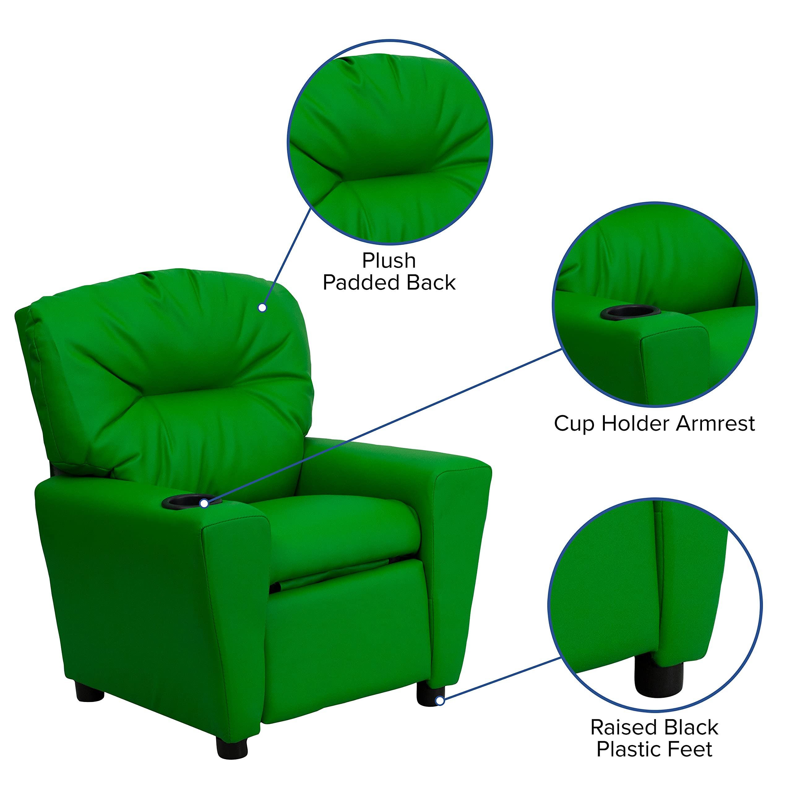 Emma & Oliver Green Vinyl Kids Recliner Chair with Cup Holder - Comfortable Children's Lounge Chair for Playroom, Bedroom or TV Time