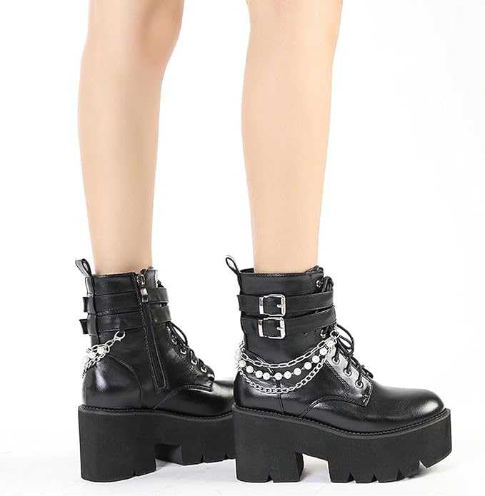 Women's Chunky Heel Combat Ankle Boots - Lace Up & Zipper Platform Booties with Studded Details | Black Motorcycle Fashion Boots for Casual Wear, Night Out & Biker Style