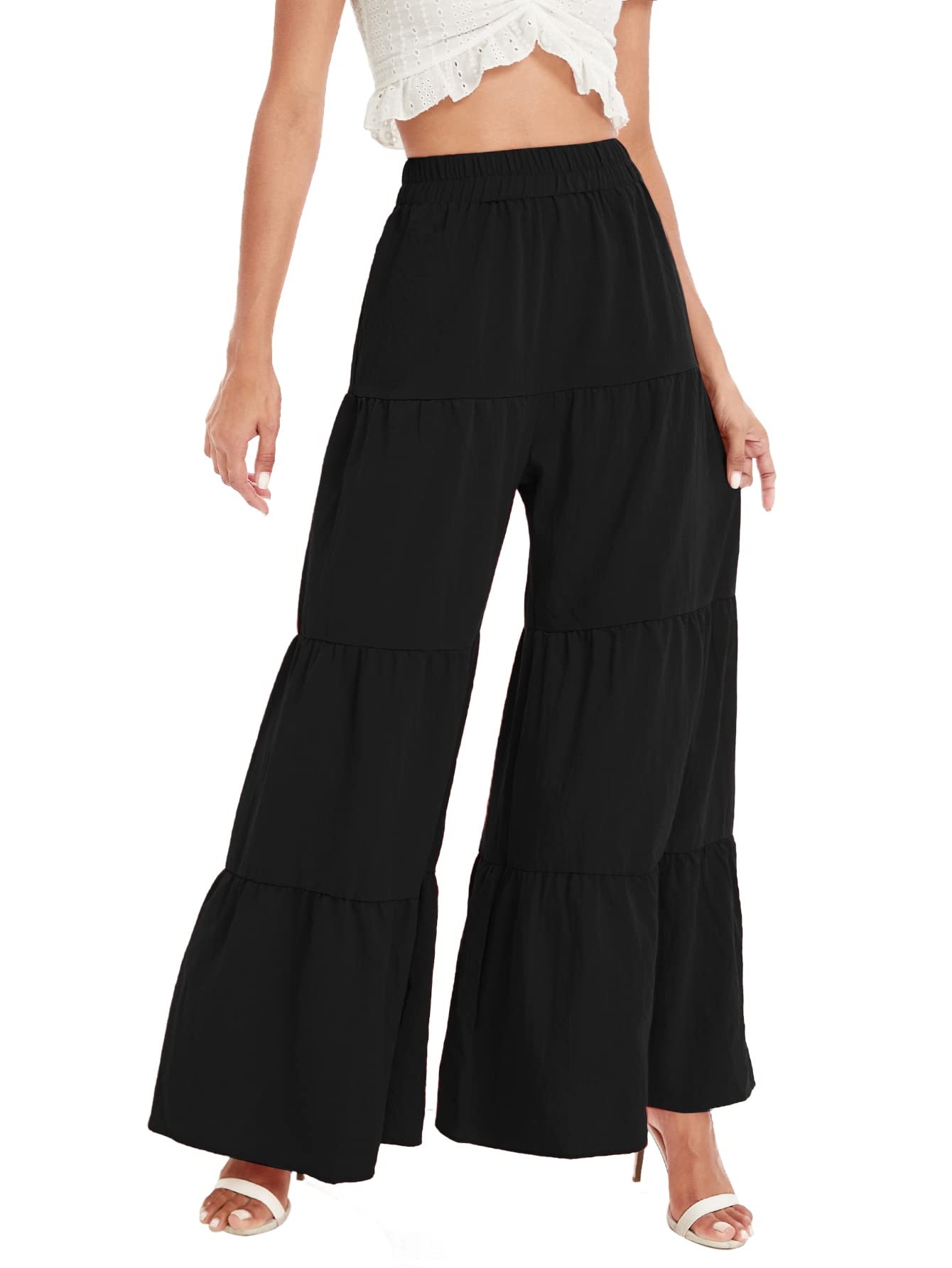 Floerns Women's Boho High Waisted Palazzo Pants - Beach Ruffle Wide Leg Flowy Lounge Pants for Summer Vacation, Yoga, and Casual Outfits