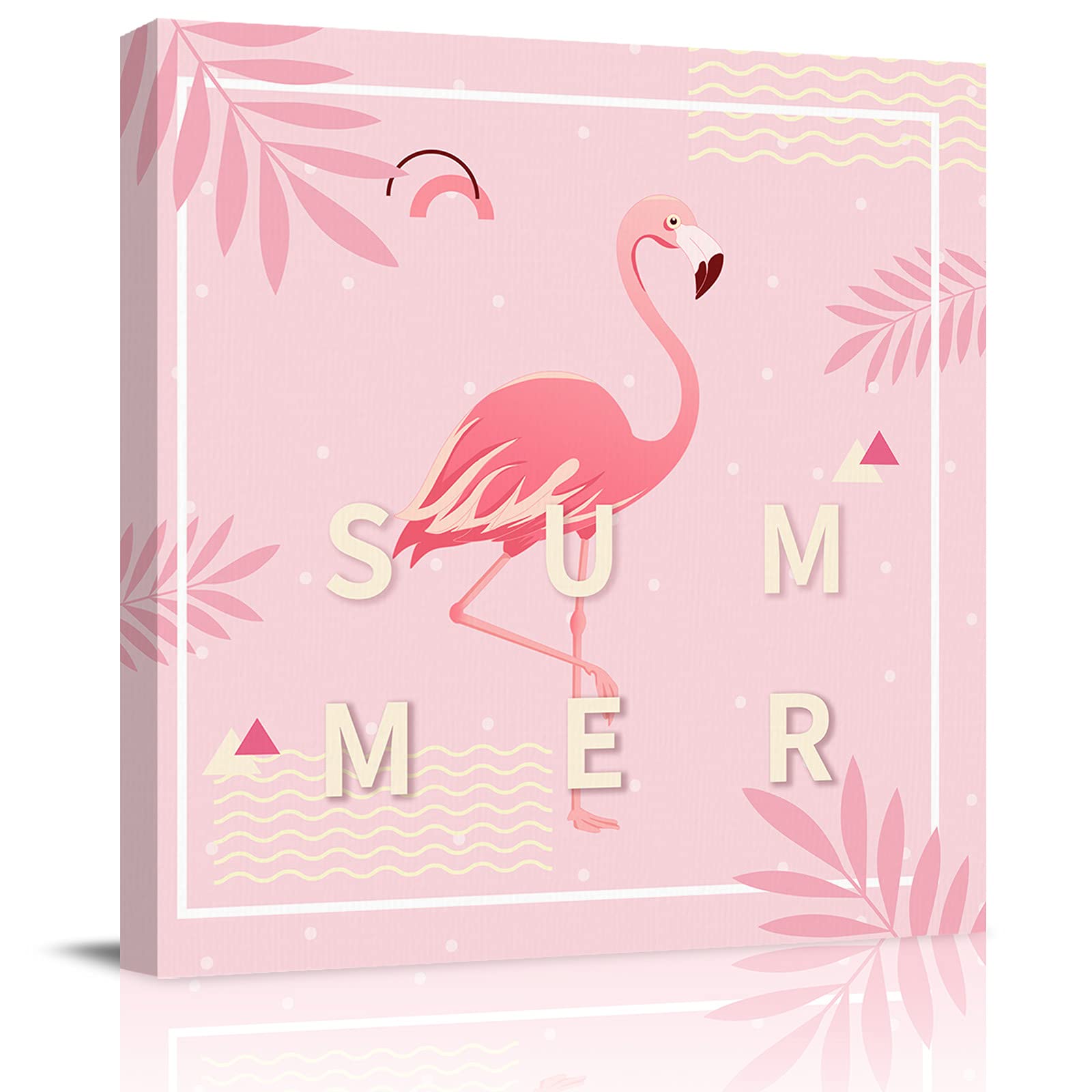 20x20 Inch Summer Illustration Square Canvas Wall Art with Wooden Frame - Tropical Pink Flamingo & Polka Dots Decor for Living Room, Bathroom, Coffee Shop - Perfect Gift for Family & Friends | Home & Party Decoration