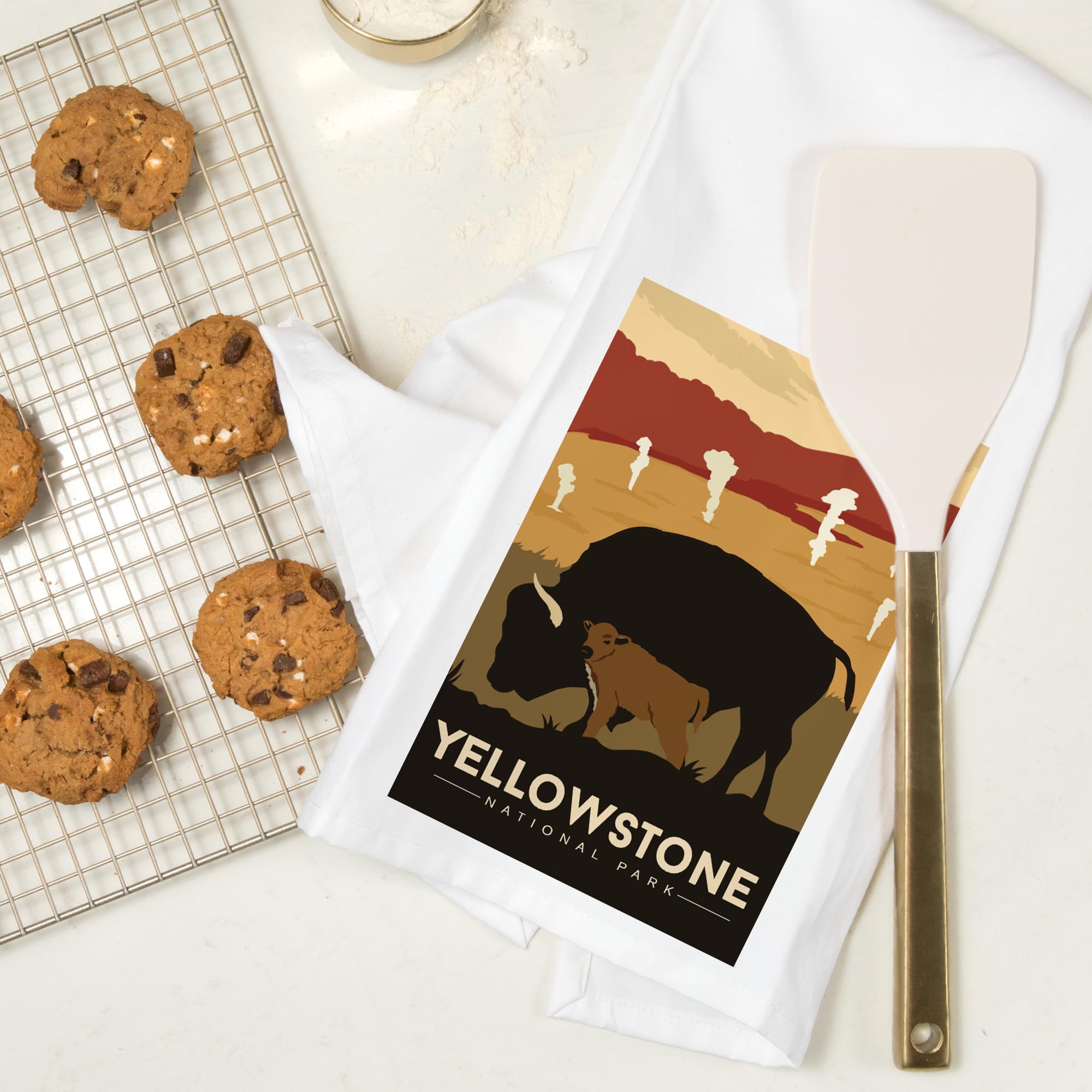 Lantern Press Yellowstone National Park Bison and Calf Tea Towel - 100% Cotton Decorative Hand Towel for Kitchen & Home Decor - Perfect for Dish Drying, Gift Giving, and Cabin Decor
