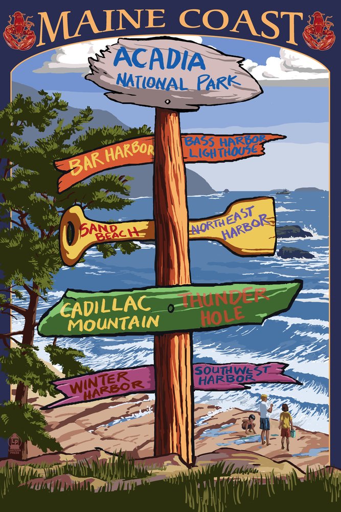 Acadia National Park Maine Wall Art - 24x36 Signed Print Master Art Poster, Vintage Destination Sign Decor for Home & Office - Perfect for Living Room, Bedroom, or Cabin Decor