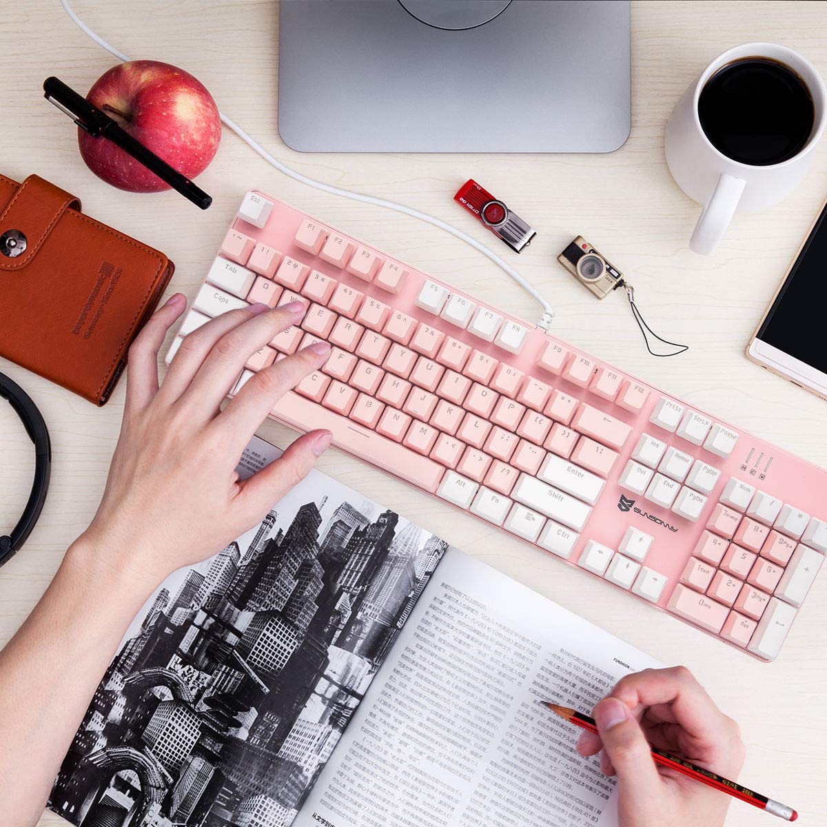 Qisan Mechanical Gaming Keyboard - Wired LED Backlit Keyboard with White & Pink Design, 104 Keys US Layout, Blue Switches, Detachable Cable - Perfect for PC Gaming, Office Work & Typing